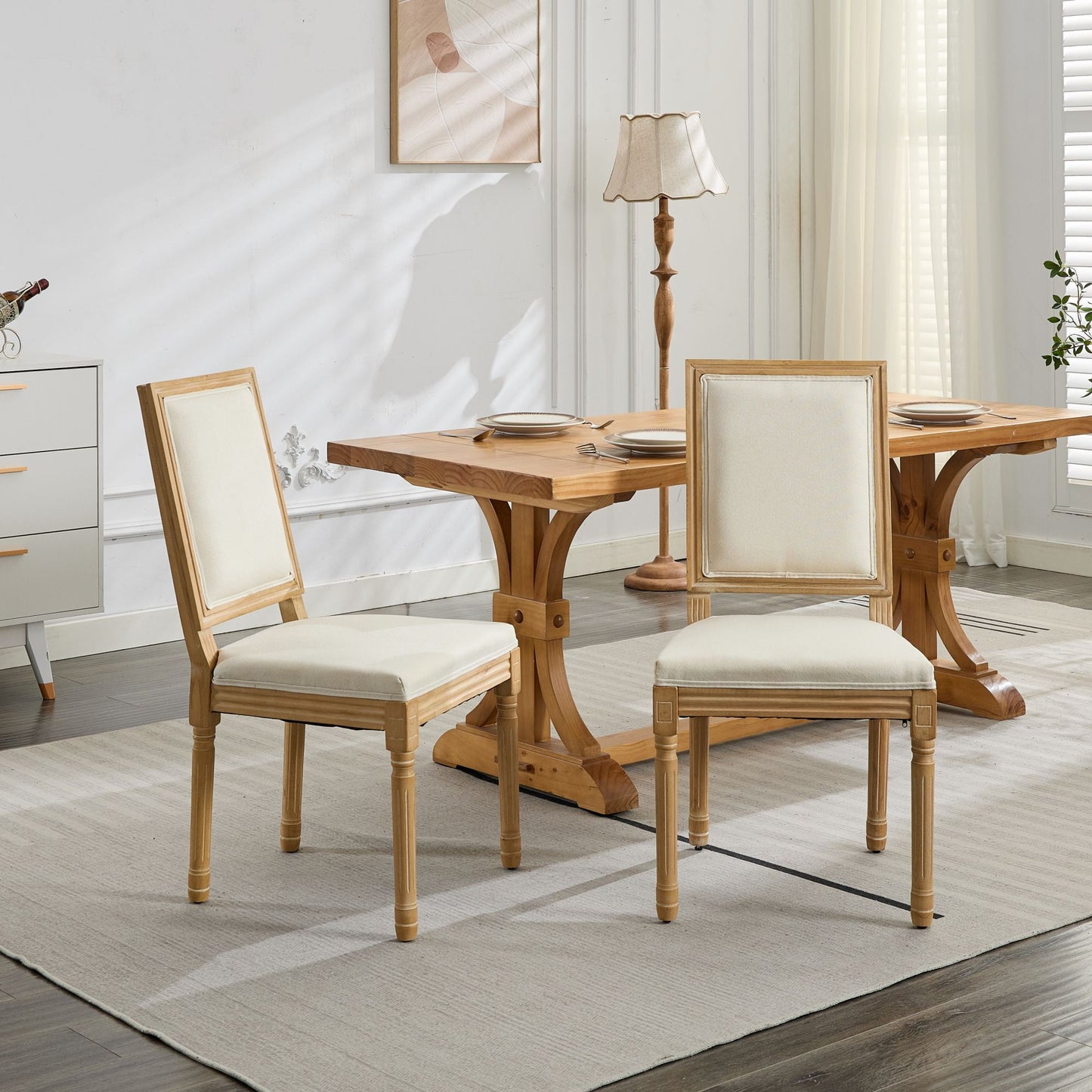 GAKMCIL Louis Fabric Upholstered Dining Chair with Square Backrest and Exquisitely Carved French Solid Wood Frame, Density Foam, Steel Spring Lining, Weight Capacity:300lb, Beige (Set of 2)