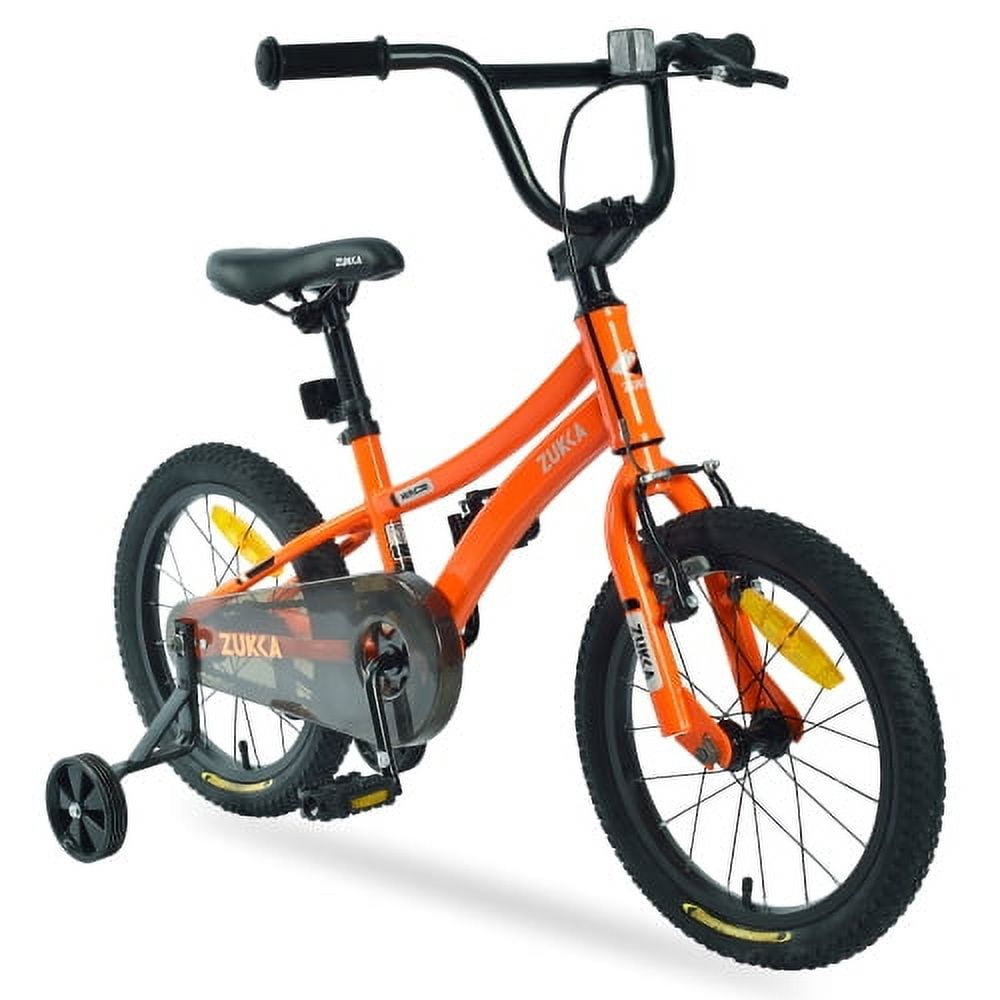 POVANLI 16“ Kids Bike for Boys Girls Ages 4-8 Years, Lightweight Alloy Frame Bicycle, Disc Adjustable Handlebar Training Wheels Orange Color