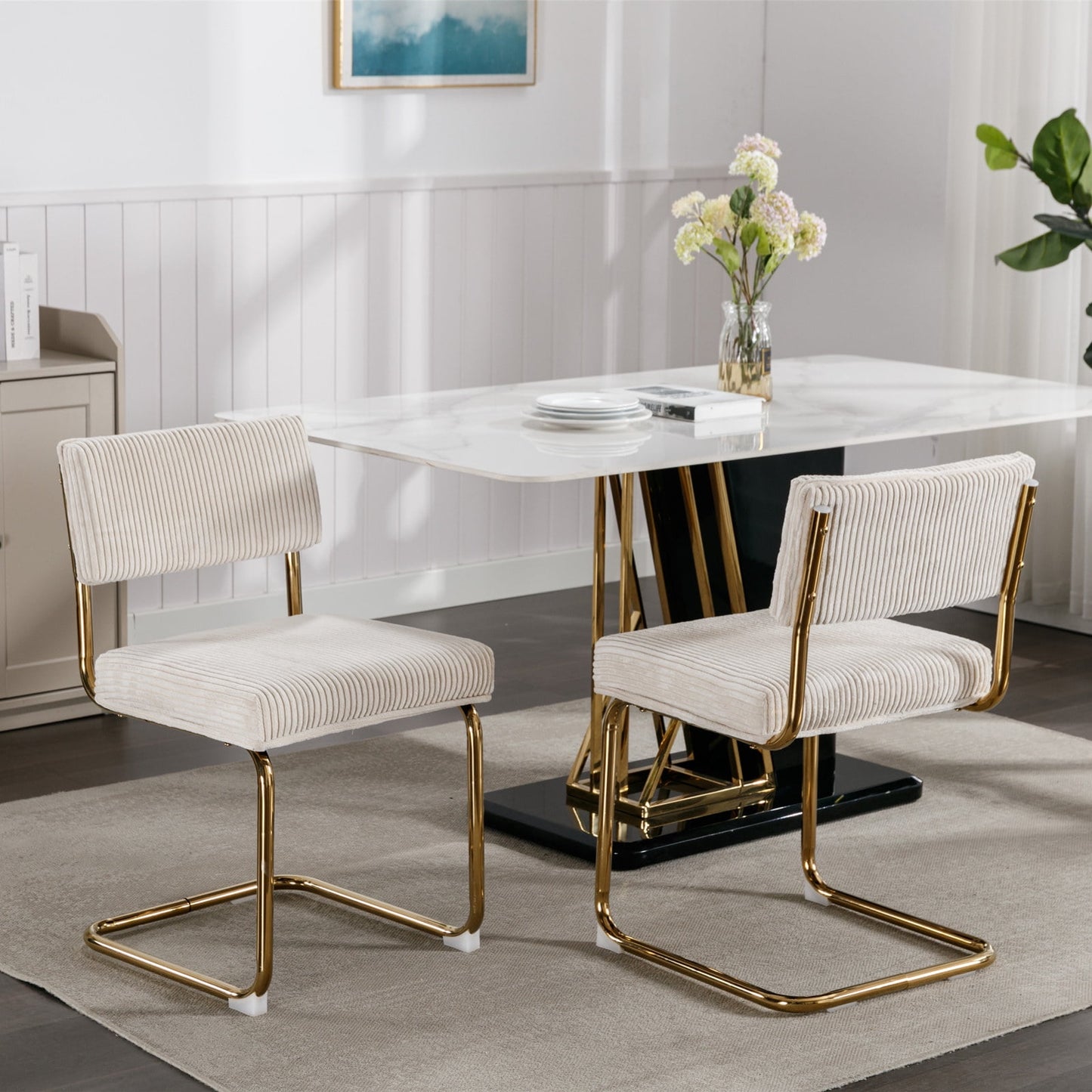 GAKMCIL Modern Corduroy Upholstered Dining Chairs, Armless Kitchen Side Chairs with Channel Tufting, Gold Metal Frame, Weight Capacity 300lbs for Dining Room, Kitchen, Bedroom, Office (Beige)