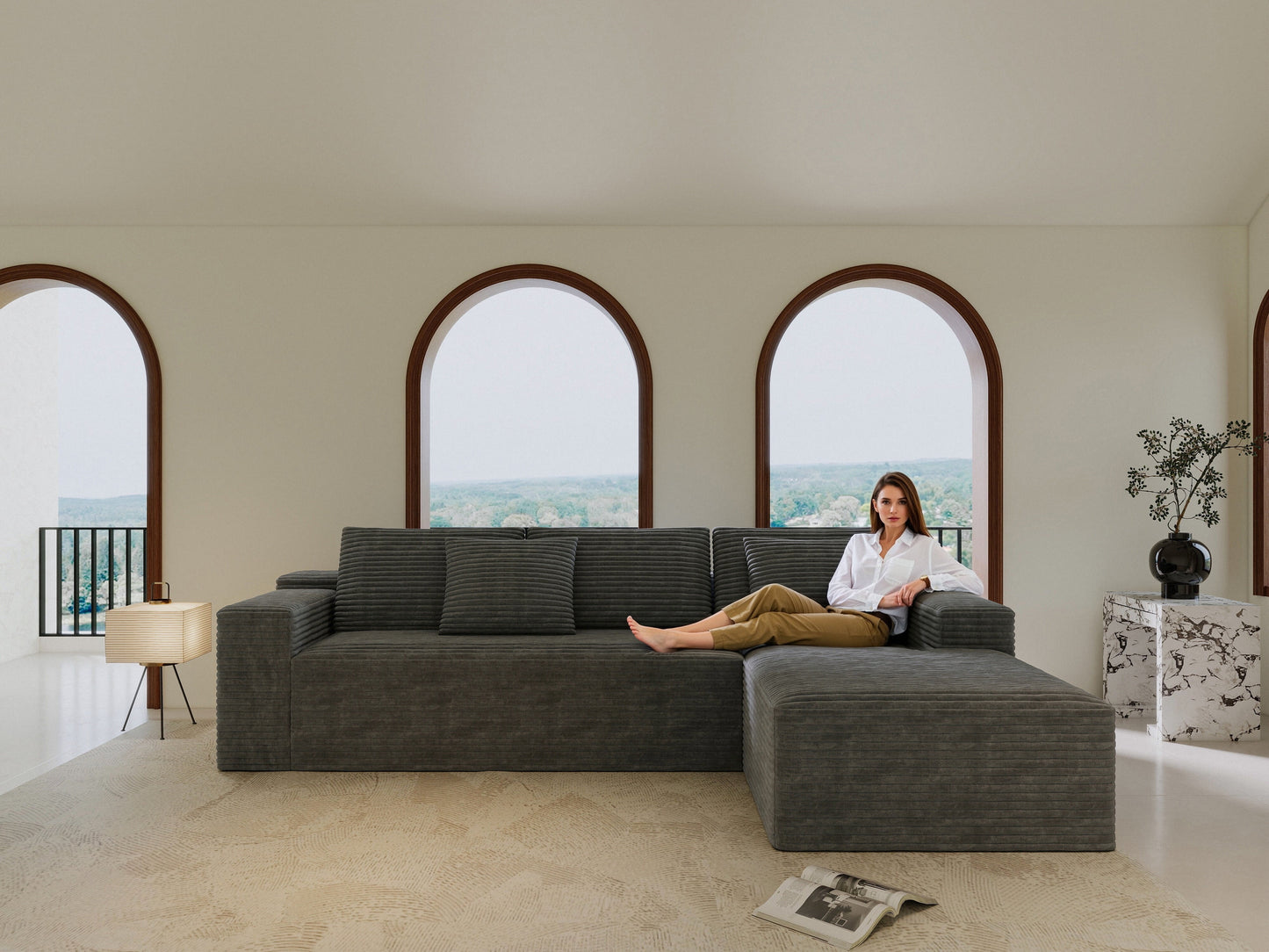 GAKMCIL 104" 4 Seater Cloud Sectional Couch with L-Shape Right Facing Chaise, Comfy Modular Plush Corduroy Sofa, Upholstered Deep Seat Sofa for Living Room Bedroom (No Assembly Required) (Grey)