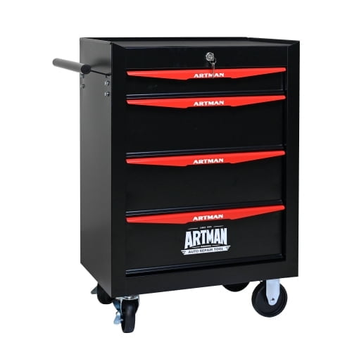 POVANLI 4 Drawer Portable Tool Box With Wheels,20" Tool Chest With Key Locking Tool Boxes/Organizers Black&Red