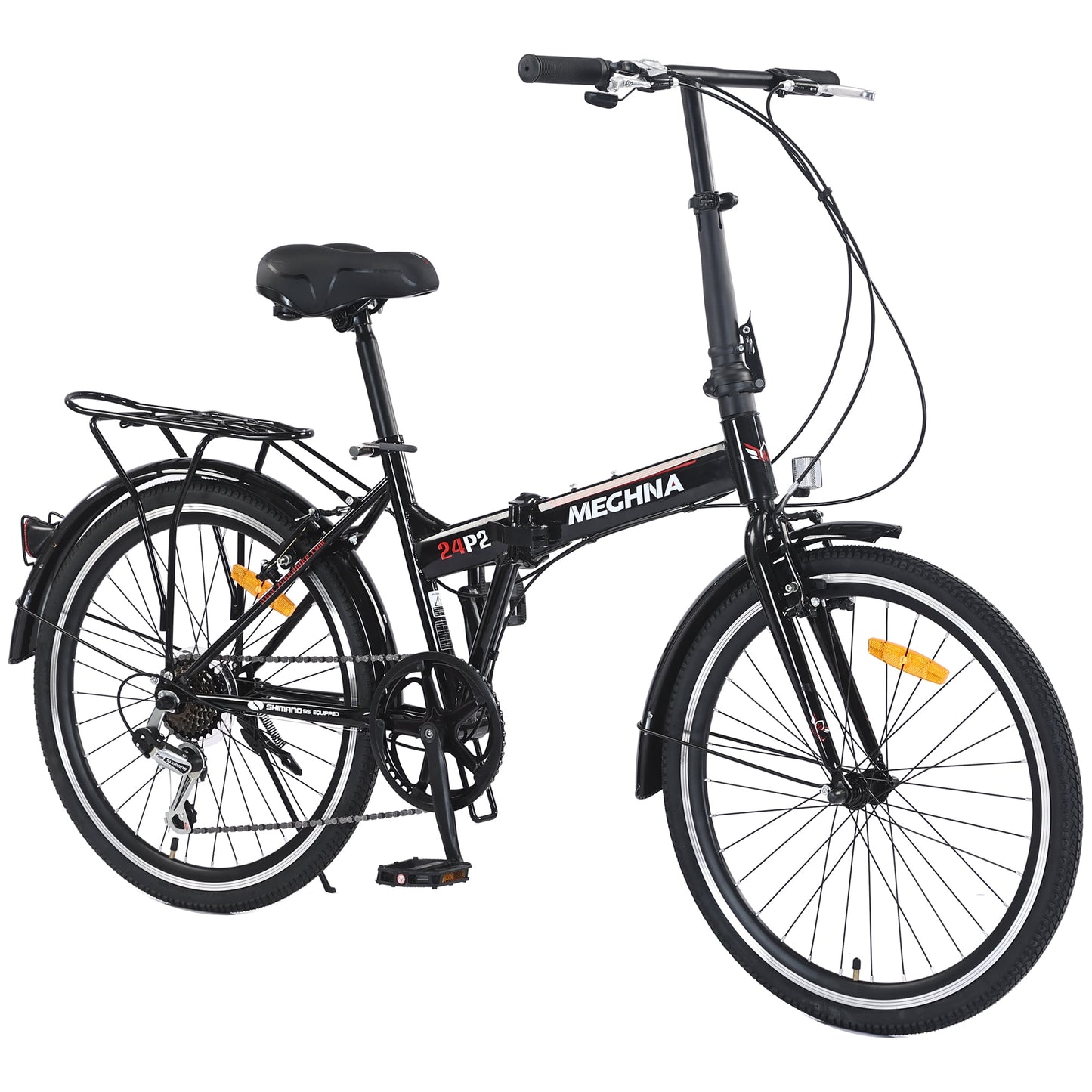 POVANLI 24 inch Folding City Commuting Bicycle for 5'1"-6'6" Adult, 7 Speed Lightweight Durable Steel Frame Bike with Derailleur, V Brakes & Anti-Slip Tires for Men, Women, Students for Gift(Black)