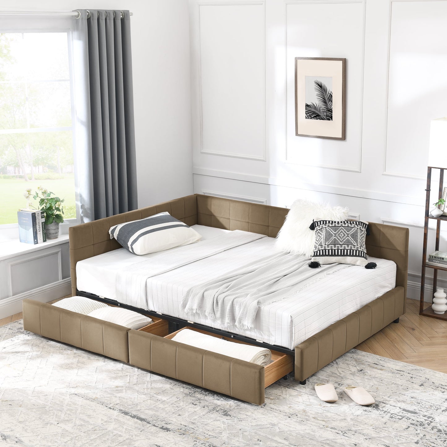 GAKMCIL Full Size Upholstered Tufted Bed Frame,Sofa Velvet Bed Frame with Comfortable Backrest and Armrests,Daybed for Bedroom, Living Room Brown(80.5''*59''*29.5'')