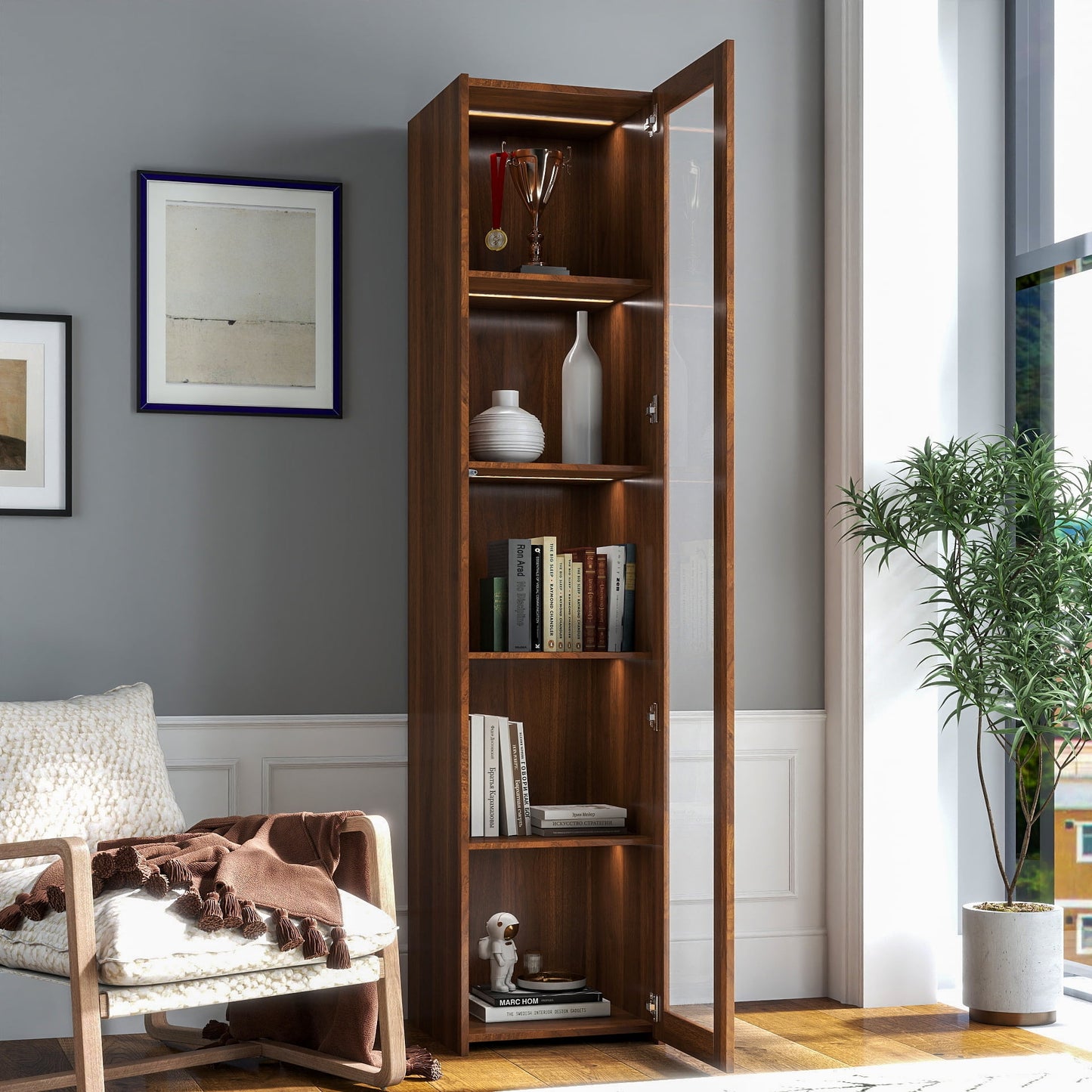 GAKMCIL Display Cabinet with Glass Doors and LED Lights, 5-Shelf Curio Storage Bookcase, Ample Space for Living Room, Dining Room, Home Decoration (15.75"* 15.75"* 70.87") (Walnut)