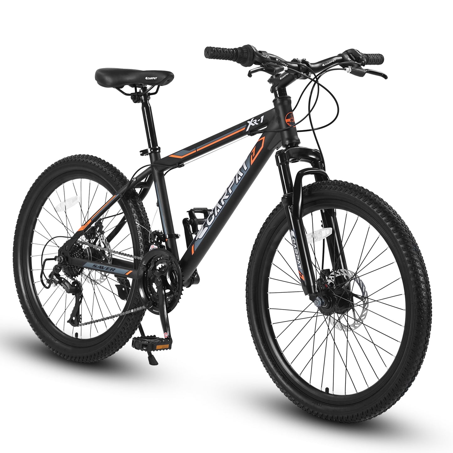 POVANLI 24" Steel Frame Mountain Bike for Boys Girls, with 21 Speeds Dual Disc Brakes and Front Suspension MTB, Black&Orange (Gift)