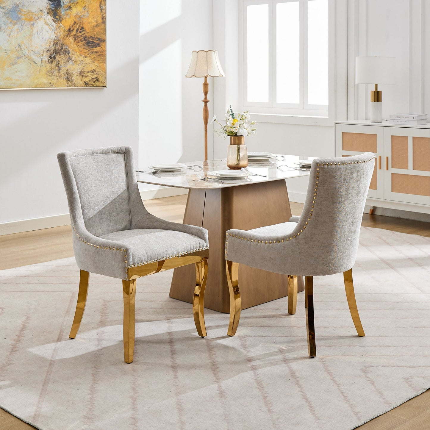 GAKMCIL Chenille Dining Chairs, Ultra Side Dining Room Chairs, Curved Gold - Plated Legs & Rivet Trim, Upholstered Comfort, Textured Fabric & One - Piece Structure, Beige (Set of 2)
