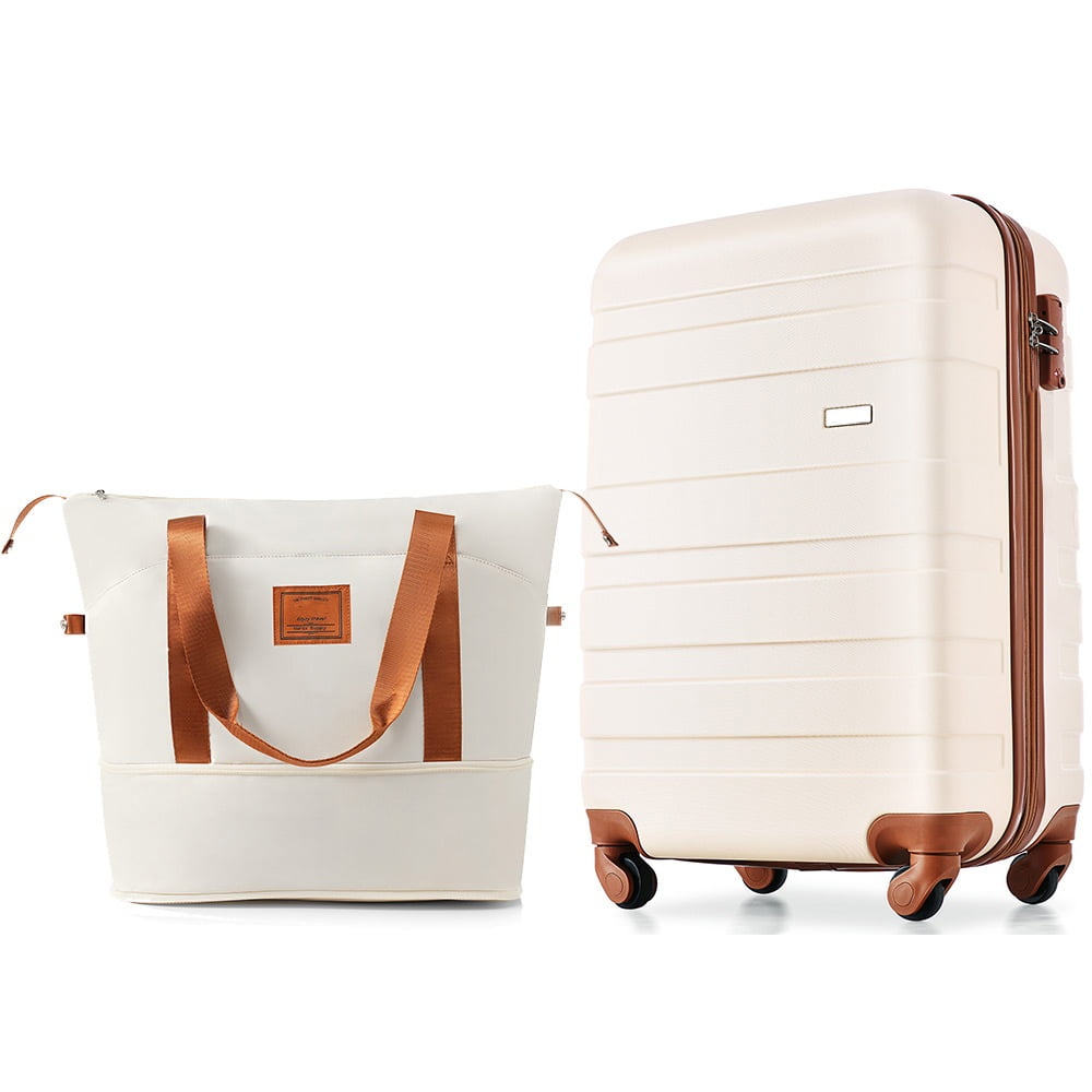 POVANLI 20" Two-piece suitcase set with Expandable Travel Bag Set, ABS Hardside Carry On Luggage, Spinner Wheels, TSA Lock, Airline Approved, Lightweight Durable Suitcase, (ivory and brown)