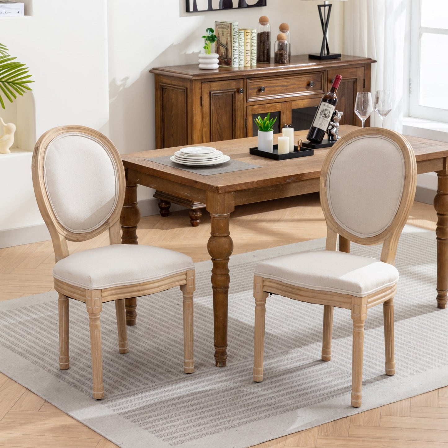 GAKMCIL Fabric Dining Chair, Upholstered Dining Room Chairs, Exquisitely Carved French Solid Wood Frame, Density Foam, Steel Spring Lining, Weight Capacity:300lb, Beige (Set of 2)