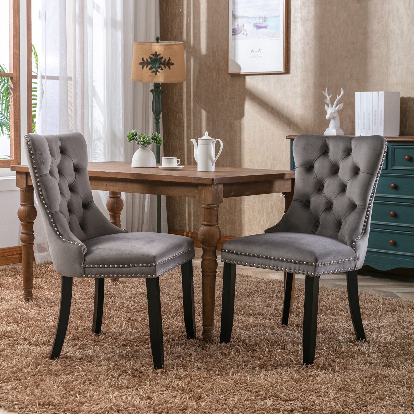 POVANLI Velvet Dining Chairs Set of 2,Upholstered Dining Chairs with Wood Legs Nailhead Trim,High-end Tufted Solid Wood Contemporary Dining Table Set for Living Room,Bedroom, Kitchen Gray