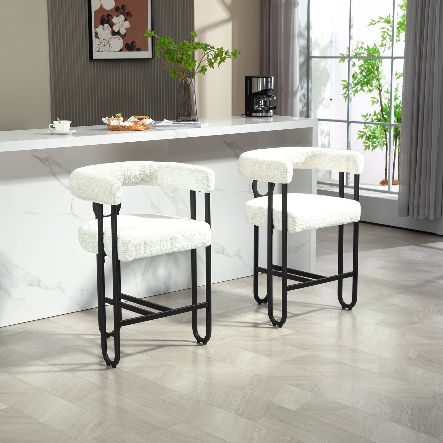 POVANLI Chenille Fabric Bar Stools (Set of 2), Modern Upholstered Bar Chair with Back & Footrest, Black Metal Frames for Bar Kitchen Island Restaurant Bistro, Club (Beige)