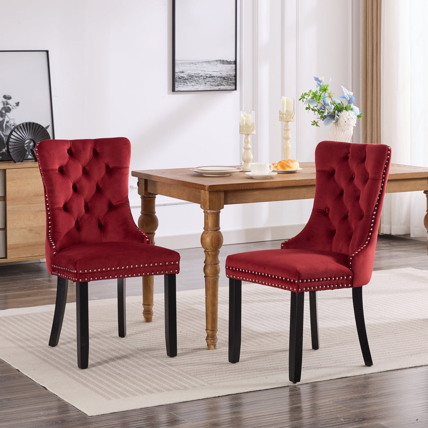 POVANLI Velvet Dining Chairs Set of 2,Upholstered Dining Chairs with Wood Legs Nailhead Trim,High-end Tufted Solid Wood Contemporary Dining Table Set for Living Room,Bedroom, Kitchen Burgundy
