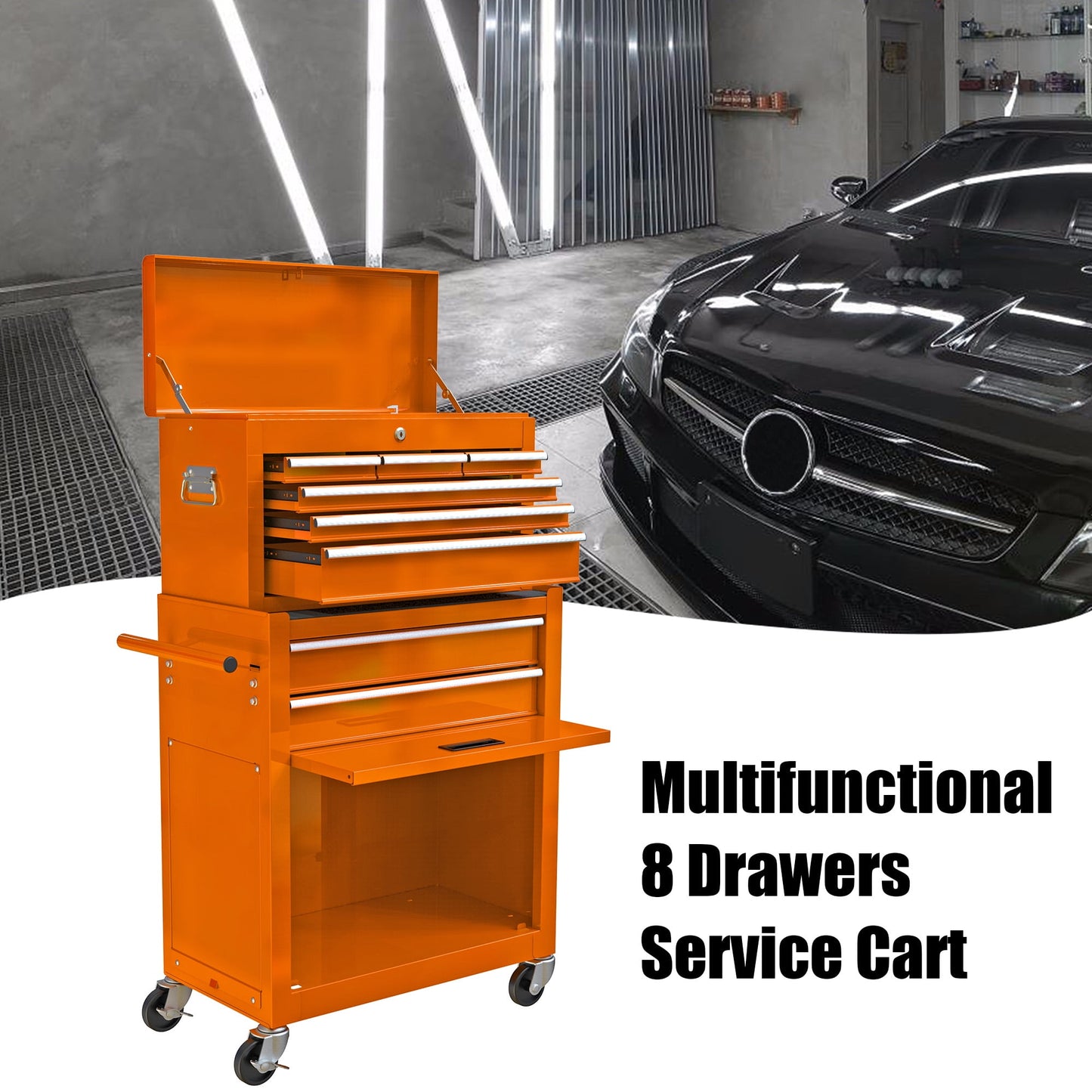 POVANLI High Capacity Rolling Tool Box with Wheels and 8 Drawers, Wheels Lockable, 2-IN-1 Tool Chest & Cabinet, Organizer, for Garages, Warehouses, Workshops, Repair Shops, Orange