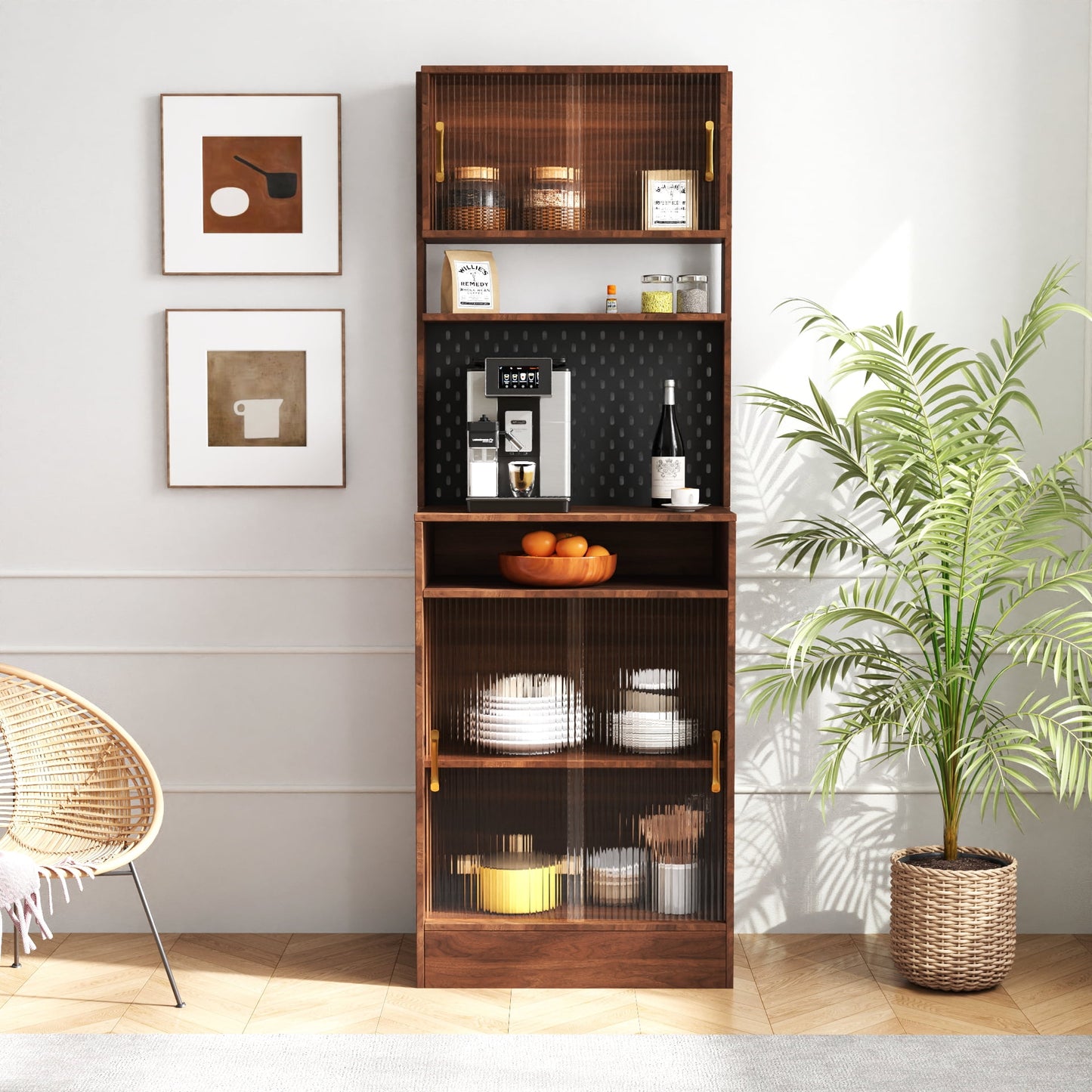 GAKMCIL Vintage Pantry Cabinet, Freestanding Cupboard, Kitchen Sideboard with 2 Sliding Striped Glass Doors, Open Shelves and Pegboard for Living and Dining Room (25.20"* 15.75"* 70.87")(Walnut)