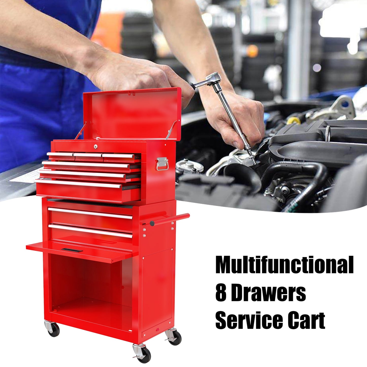 POVANLI High Capacity Rolling Tool Box with Wheels and 8 Drawers, Wheels Lockable, 2-IN-1 Tool Chest & Cabinet, Organizer, for Garages, Warehouses, Workshops, Repair Shops, Red