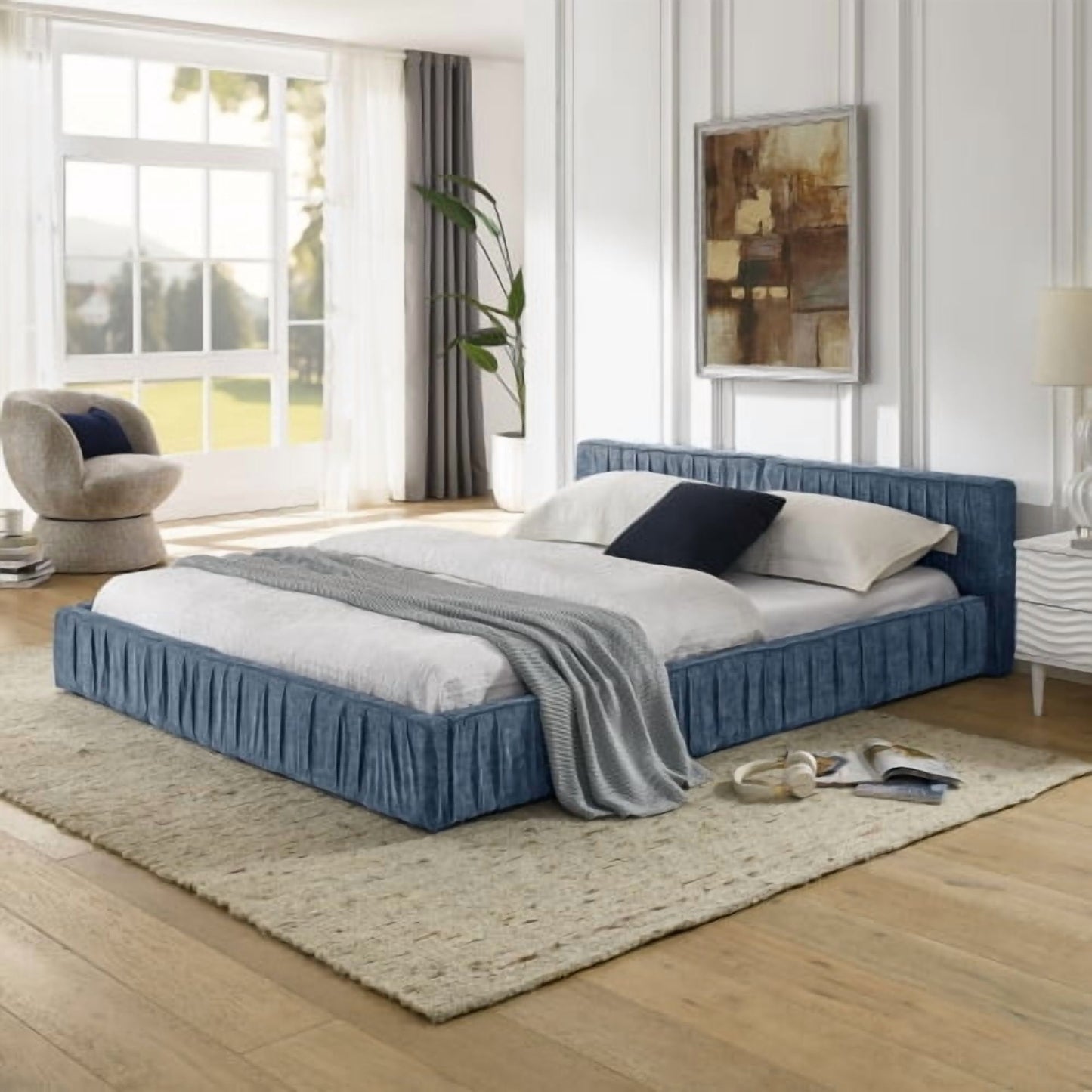 GAKMCIL Queen Size Upholstered Bed Frame with Chenille fabric/Pleated Design,Grounded Queen Size Platform Bed with Headboard and Solid Frame. No Box Spring Needed-Dark Blue(88"*67"*23.5")