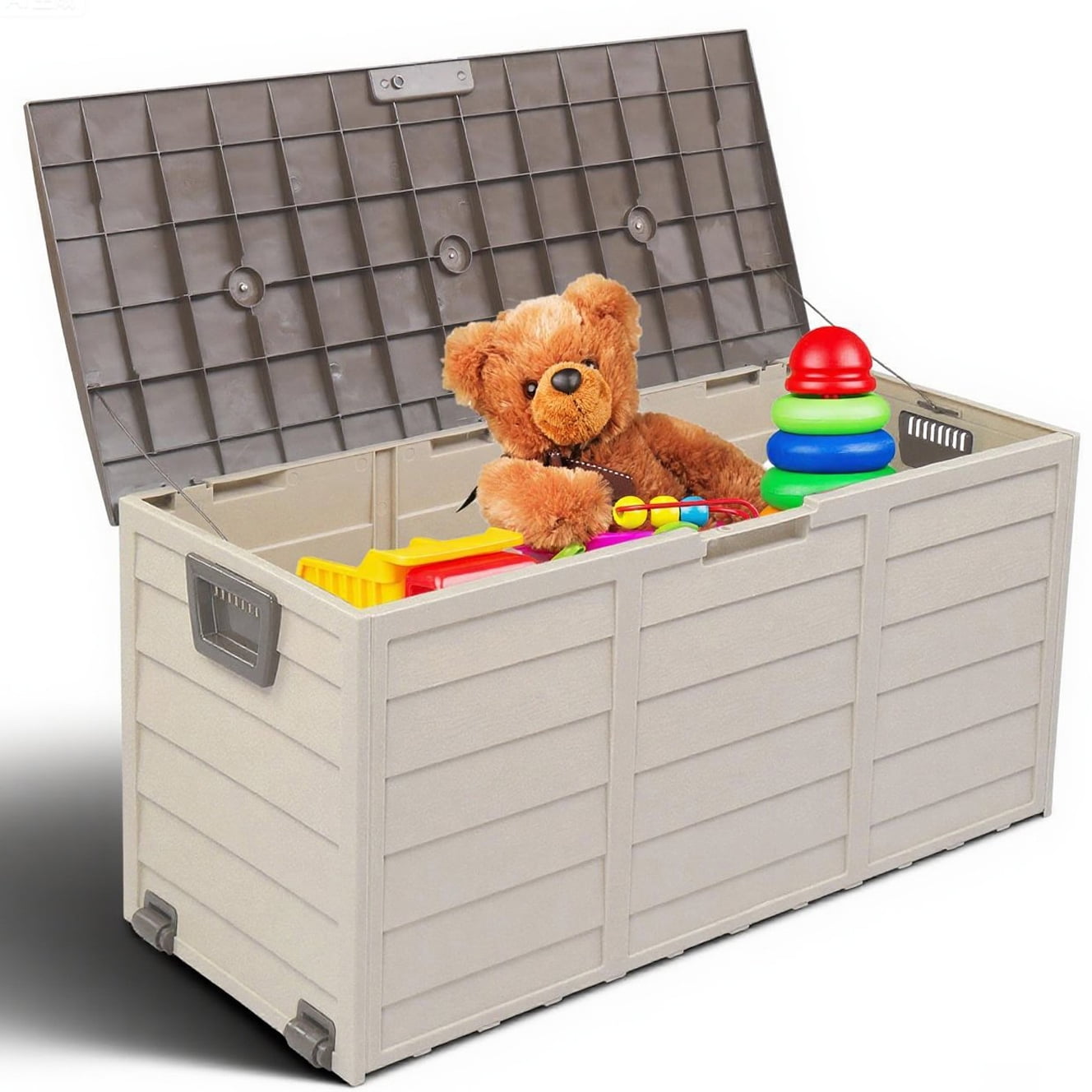POVANLI 75gal 280L Outdoor Garden Plastic Storage Deck Box, Garden Storage Box, Waterproof, Throw Pillows, Toys, Lockable, Garden Tools and Pool-Supplies (Brown)