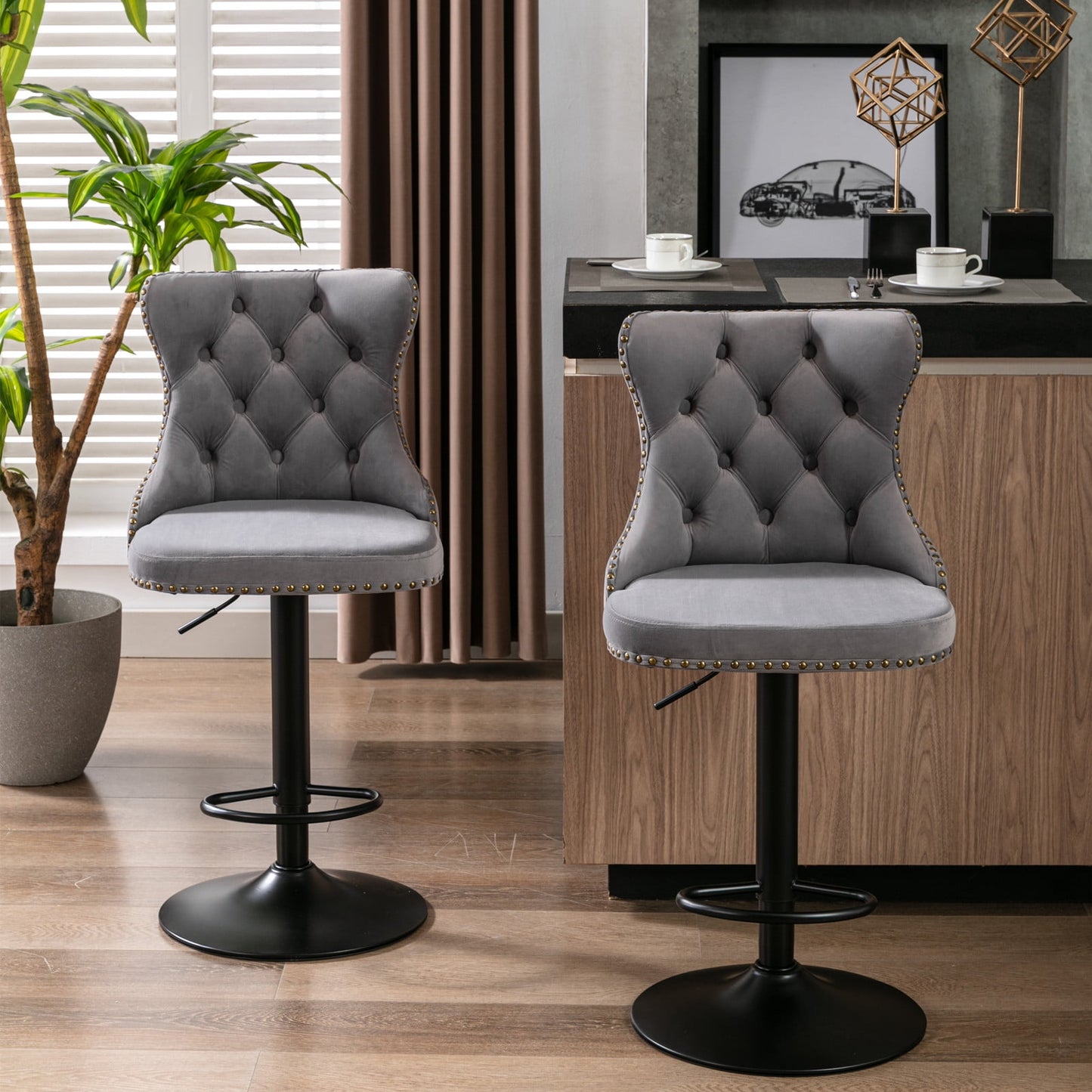 GAKMCIL Swivel Velvet Upholstered Barstools with 25-33in Adjustatble Seat Height, 360°Swivel, Footrest, Black Chrome base, Comfy Tufted, 300lb Load for Home Pub, Kitchen Island (Set of 2, Gray)