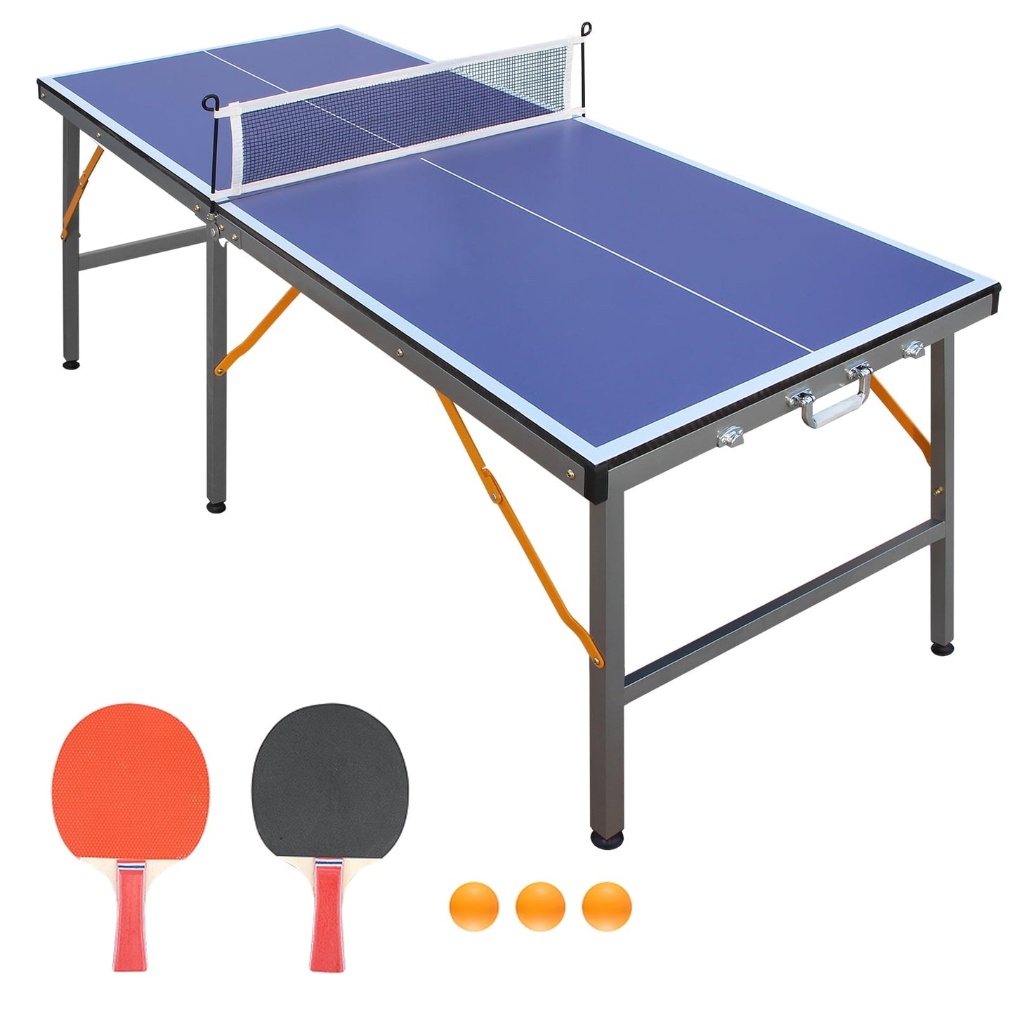 CAMSCH 5FT Mid-Size Table Tennis Table Foldable & Portable Ping Pong Table Set for Indoor Games with Net,2 Table Tennis Paddles and 3 Balls, 60''(L) x 26''(W) x 26''(H)