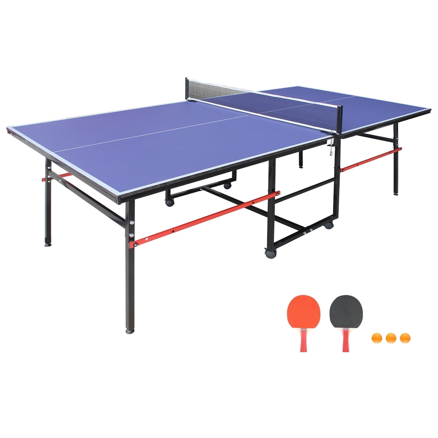 CAMSCH 8FT Mid-Size Table Tennis Table Foldable & Portable Ping Pong Table Set with Net and 2 Pin Pong Paddles and 3 Balls for Indoor Outdoor Game & Home entertainment, 96''(L) x 48''(W) x 30''(H)
