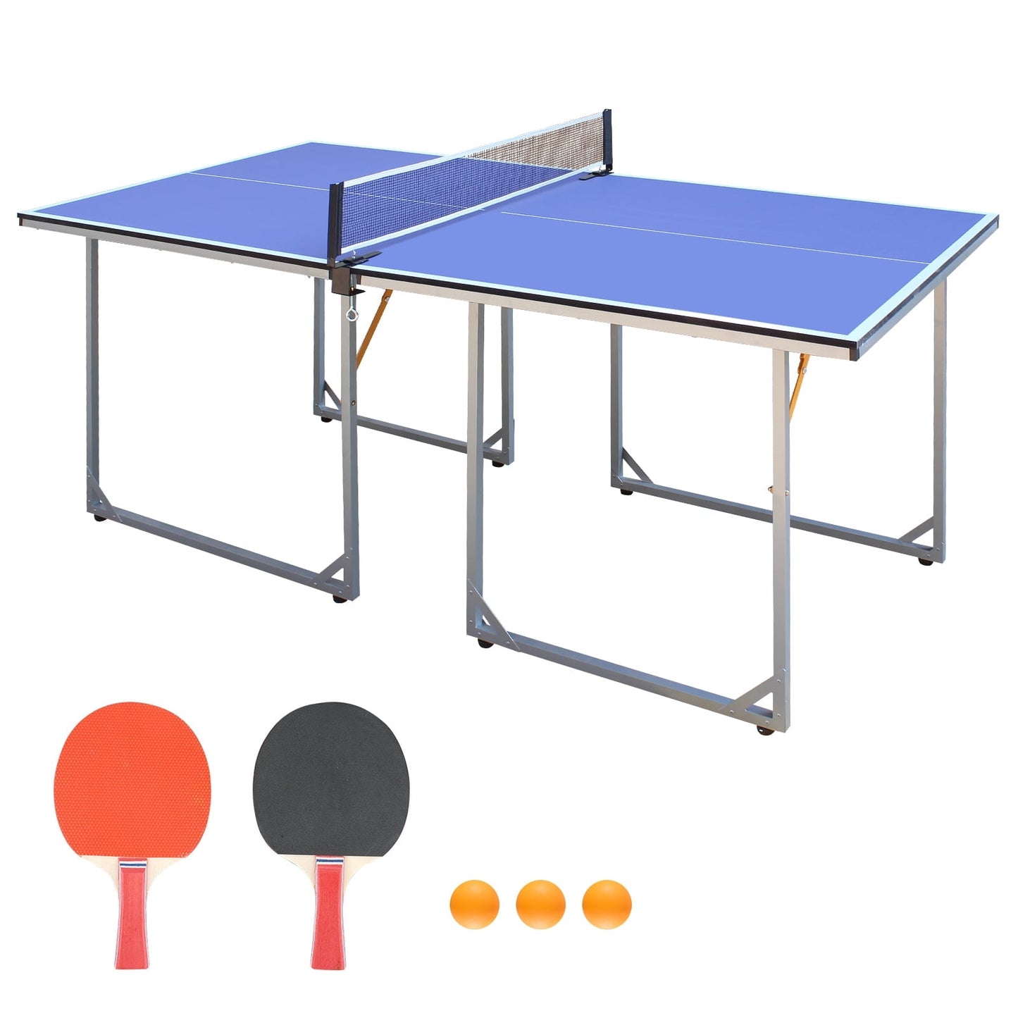 CAMSCH 6FT Mid-Size Table Tennis Table Foldable & Portable Ping Pong Table Set for Indoor & Outdoor Games with Net, 2 Table Tennis Paddles and 3 Balls, 70.87''(L) x 35.43''(W) x 29.98''(H)