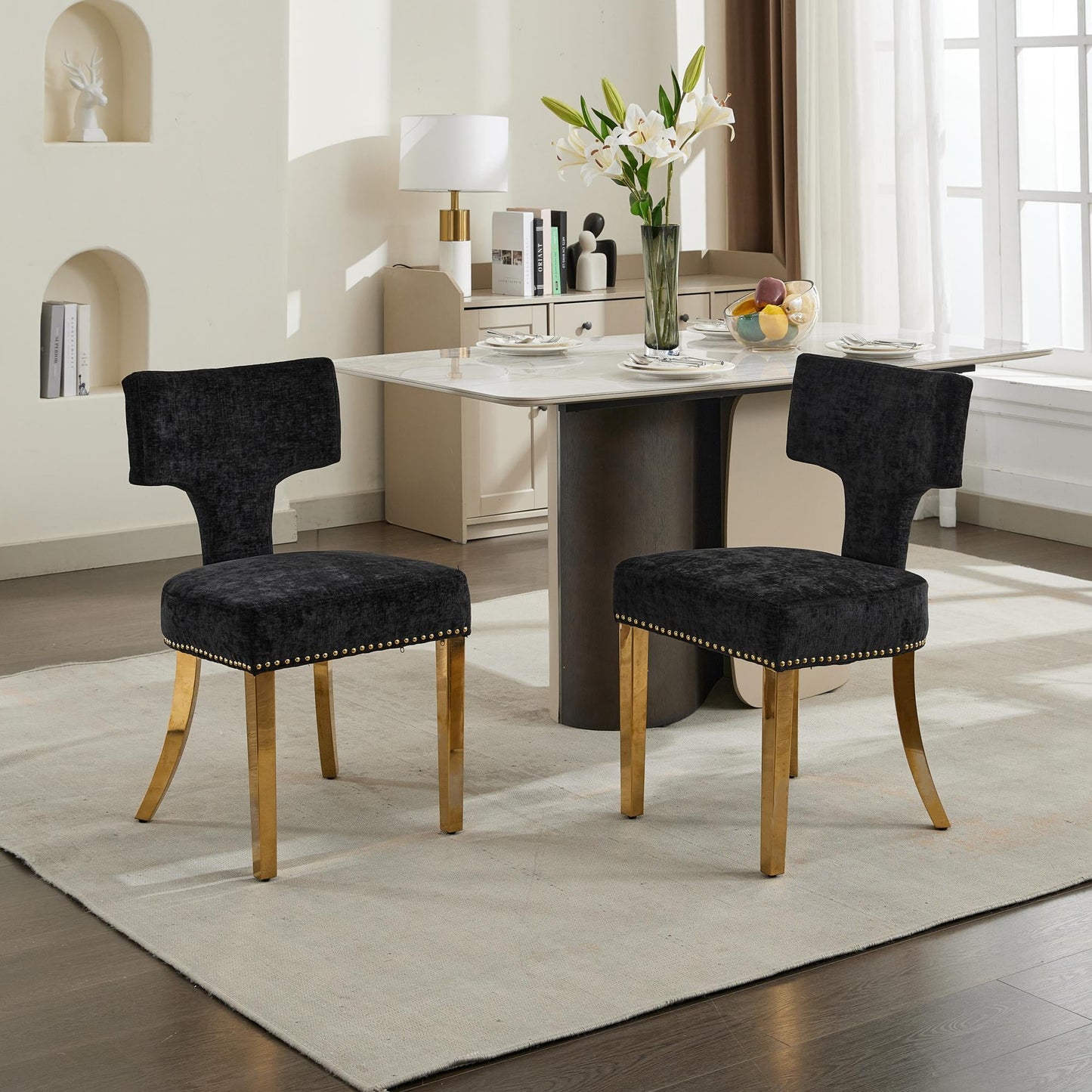 GAKMCIL Chenille Dining Chair, Farmhouse Upholstered Accent Kitchen Side Chairs (Set of 2) with Curved Backrest, Golden Stainless Steel Legs, 300lb Load for Dining Room and Kitchen (Black)