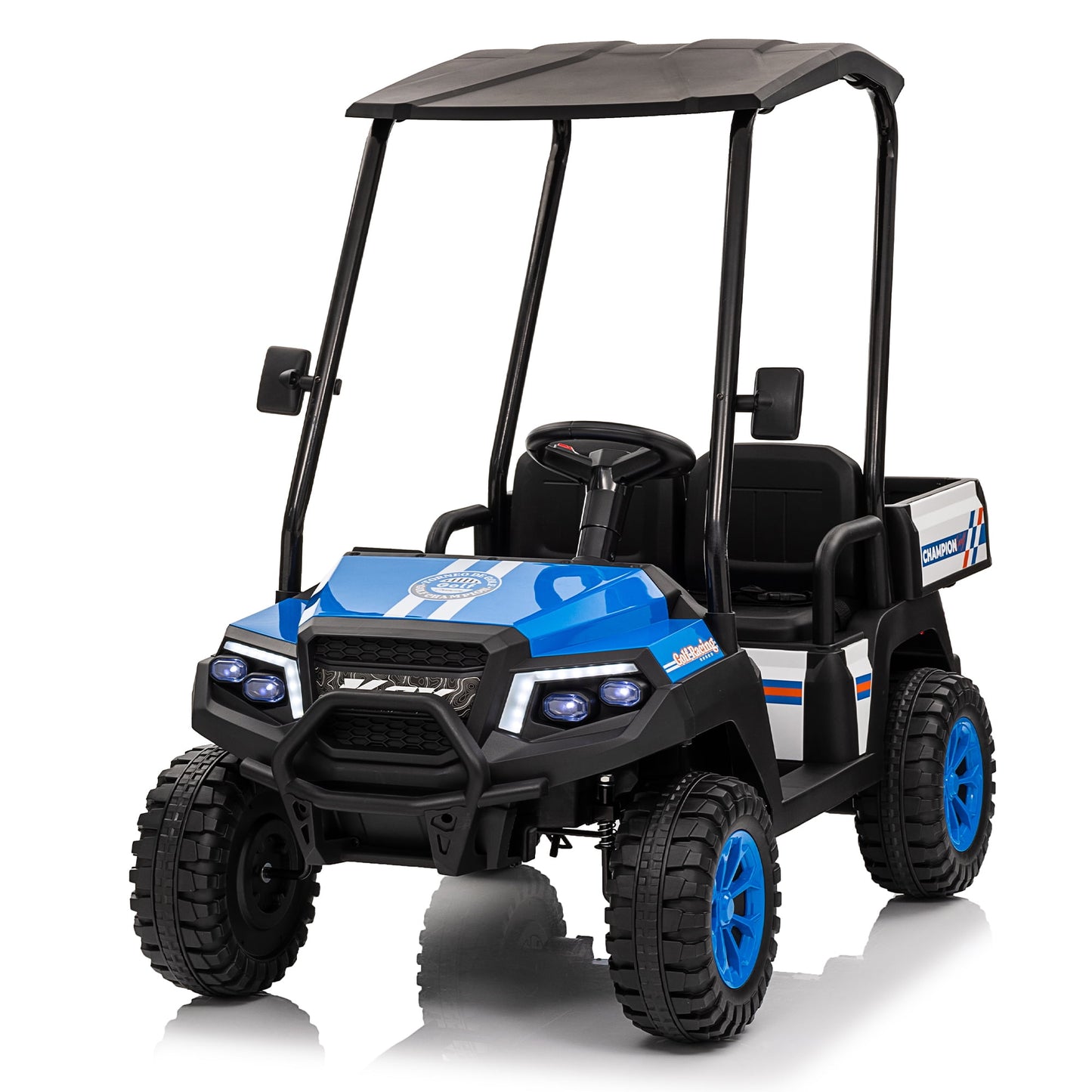 POVANLI 2 Seater 24V Kids Ride on Electric Truck Golf Cart W/Parents Control,Dual-Motor Drive,Slow start,Removable Sunshade,Rear Cargo Bed,LED Lights,MP3,USB,Bluetooth for Kids Aged 3-8,Gift(Blue)