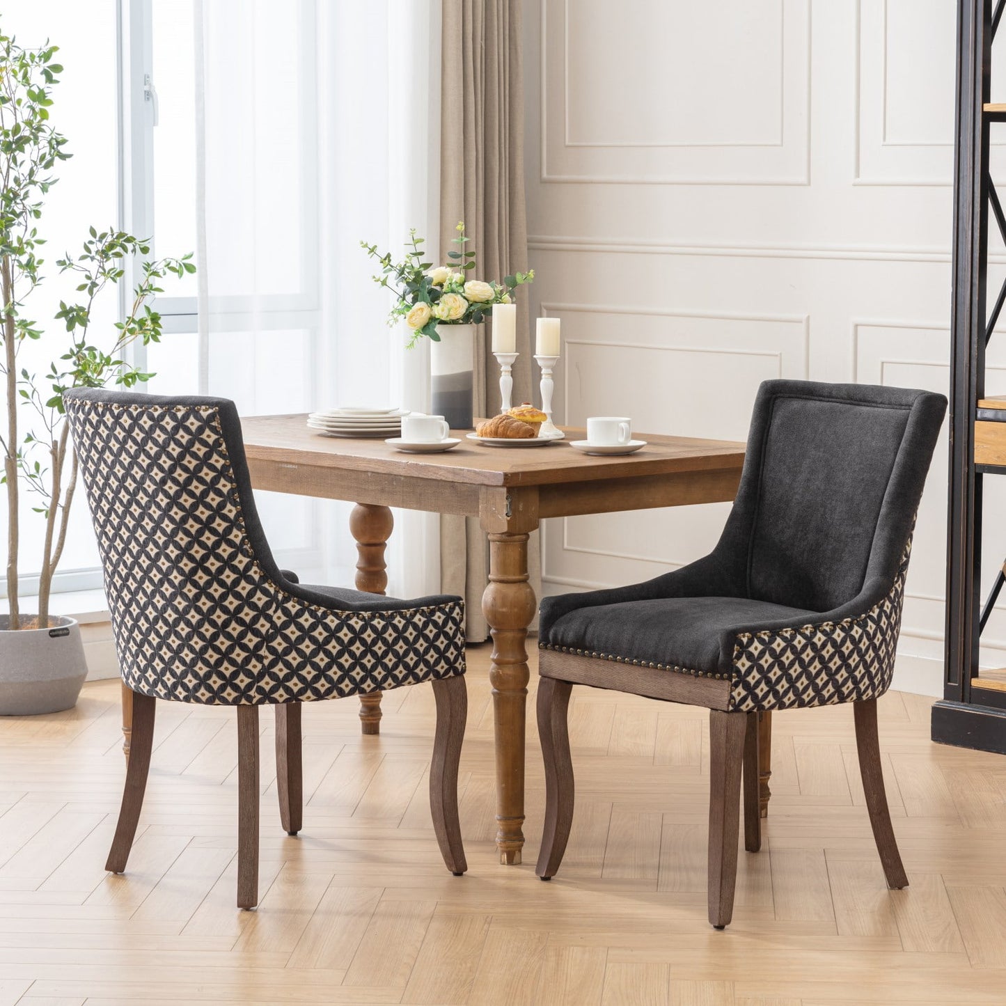 GAKMCIL Upholstered Dining Chairs, Ultra Side Dining Room Chairs with Bronze Nail Head, Tufted Cushion Back Elegant Accent Chairs with Solid Wood Legs, Black and Patterned (Set of 2)
