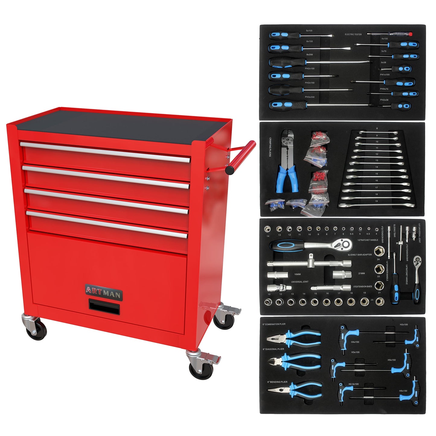 POVANLI Professional Tools Box Set W/238pcs Universal Tools, Tool Box Rolling Tool Cart On Wheels with 4 Drawers, Storage Cabinet On Wheels for Tools, Garage Workshop Warehouse, Red