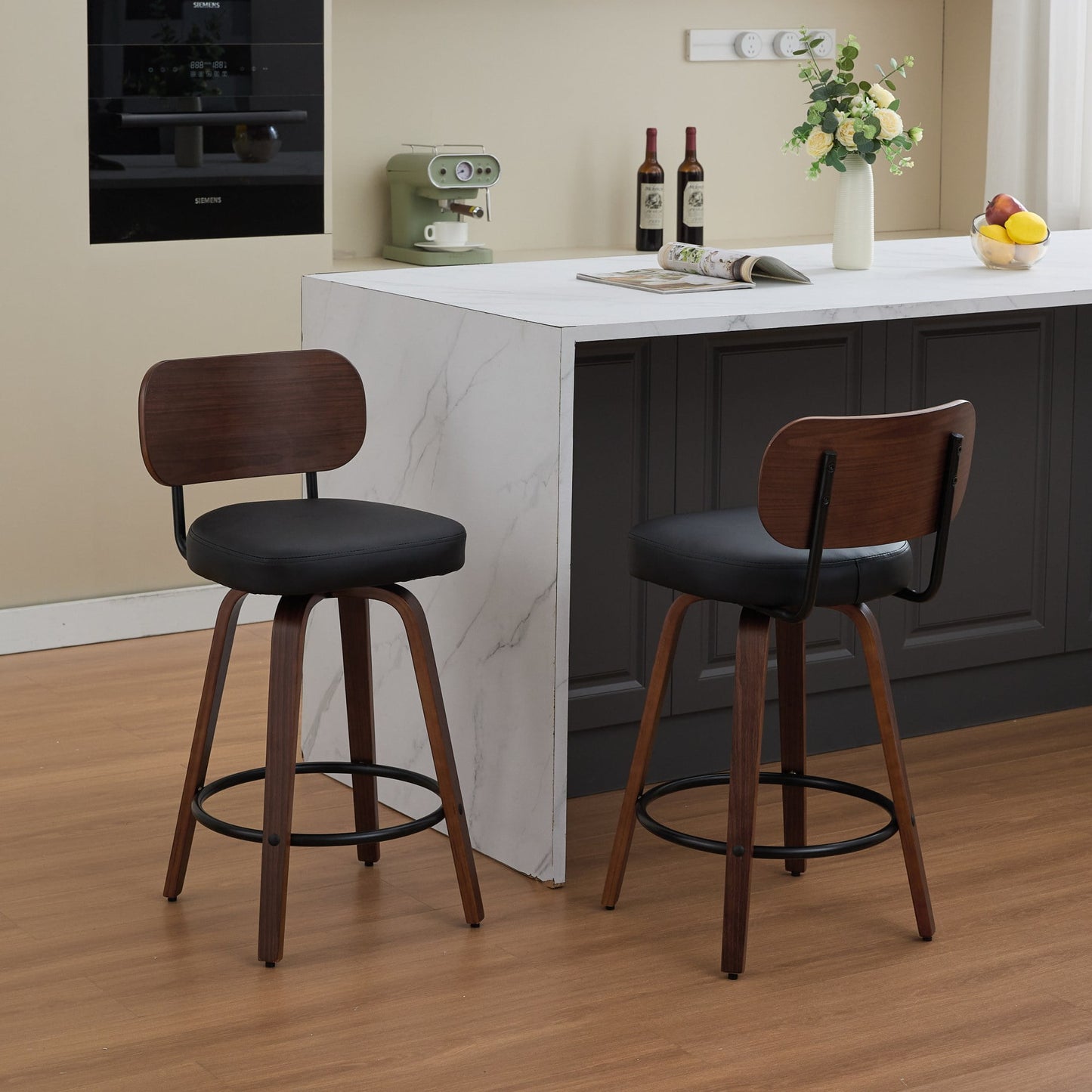 GAKMCIL PU Leather Upholstered Swivel Counter Height Bar Stools (Set of 2) with Walnut Back, Bentwood Legs, Metal Footstool, Weight Capacity 350lbs for Kitchen, Dining Room, Pub, Cafe (Black)