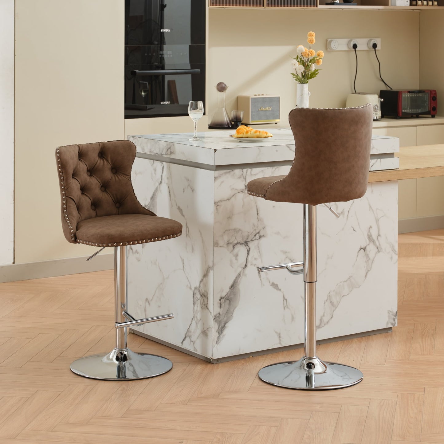 GAKMCIL Modern Swivel PU Leather Barstools (Set of 2) with 25-33in Adjustatble Seat Height, 360°Swivel, Footrest, Chrome base, Comfortable Tufted, 300lbs Load for Home Pub, Kitchen Island (Brown)