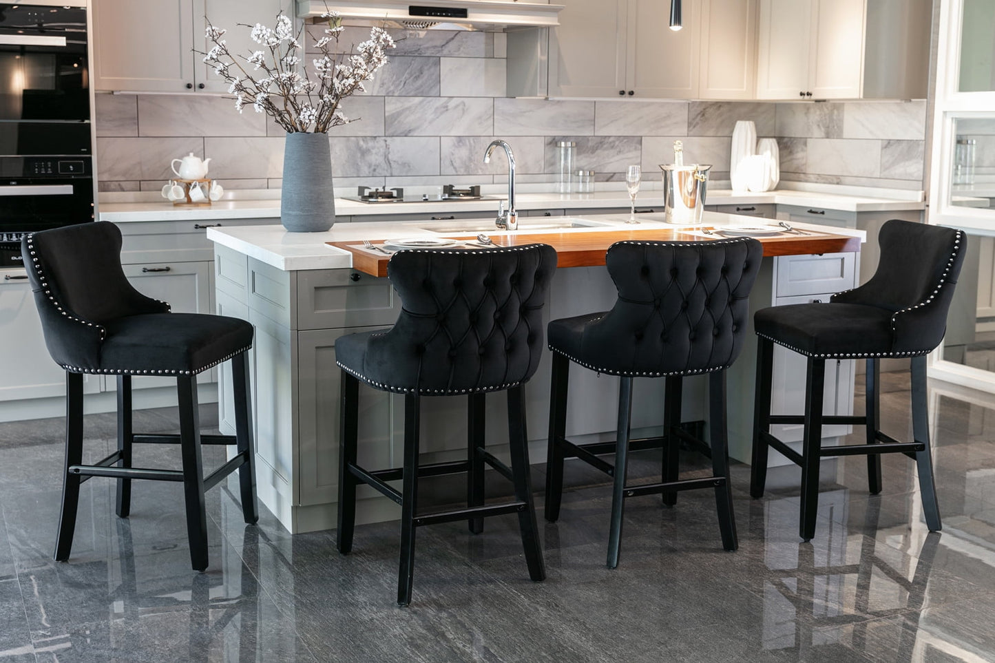 GAKMCIL Velvet Upholstered Wing-Back Barstools, Counter Height Solid Wood Bar Chairs with Button Tufted, Chrome Nailhead Trim, Wooden Legs, 300lb Load for Kitchen, Dining Room, Pub (Set of 4, Black)
