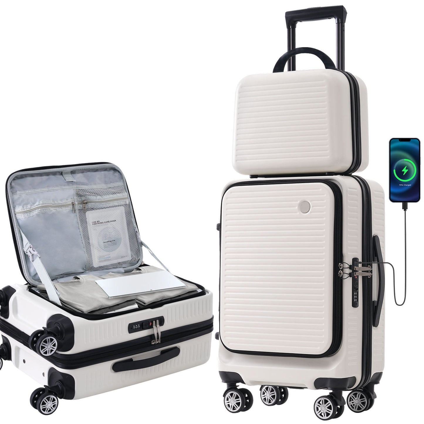 POVANLI 2 Pcs Hardshell Luggage Sets, 20 inch Front Open Suitcase with USB Port TSA Lock, Front Pocket and Spinner Wheels, 1 Portable Carrying Case. Airline Approved, Travel Woman Men (White)