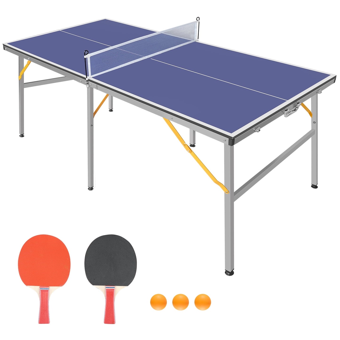 CAMSCH 6FT Mid-Size Table Tennis Table Foldable & Portable Ping Pong Table Set with Net and 2 Pin Pong Paddles and 3 Balls for Indoor Outdoor Game & Home entertainment, 72''(L) x 36''(W) x 30''(H)