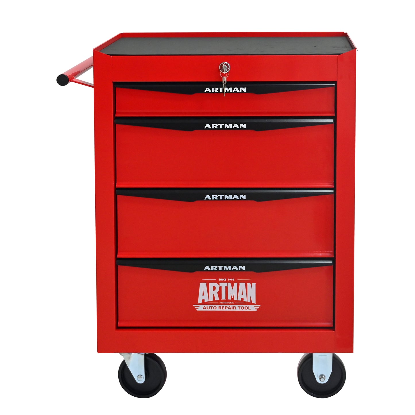POVANLI 4 Drawers Portable Tool Cart with Key Locking, Ball Bearing Drawer Slides and 4 Steering Wheels (2 with Parking Brakes), Steel Tool Box, 200lbs Load for Garage, Workshop and Repair Shops (Red)
