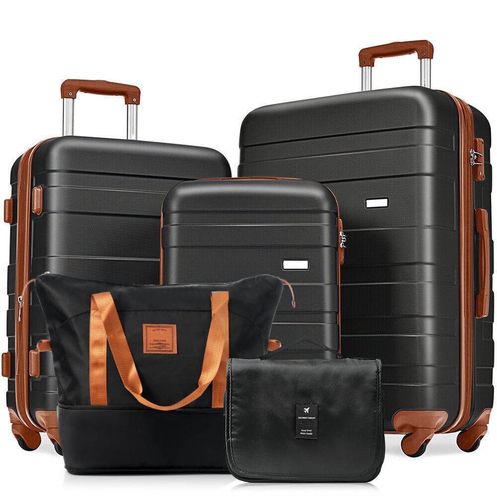 POVANLI Luggage Sets 5 Piece, Expandable ABS Hardside Lightweight Durable Luggage,with Travel Bag and Hanging Toiletry Bag, 360°Spinner Wheels, TSA Lock, (20"24"28")(Black and Brown)