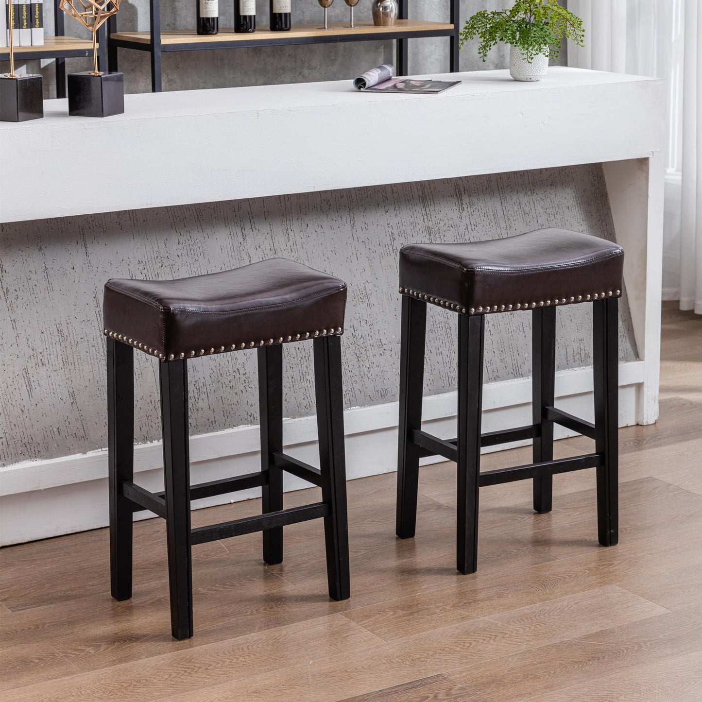 GAKMCIL 29" Backless PU Leather Counter Stools (Set of 2) with Nailhead Trim, Wooden Legs, 350lb Load for Kitchen, Dining Room, Pub (Brown)