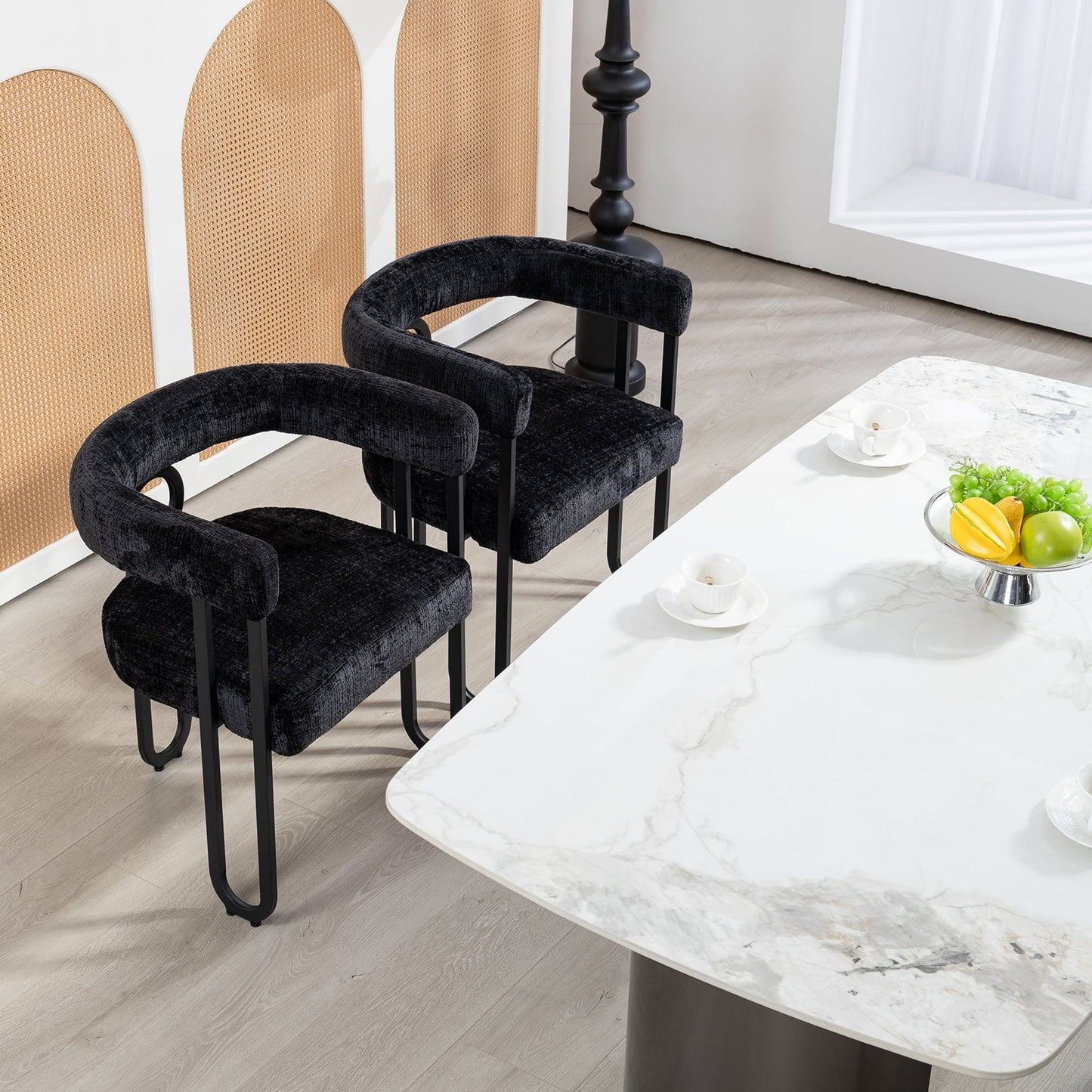 POVANLI Chenille Fabric Upholstered Bar Stools (Set of 2), Modern Bar Chair/Dining Chair/Armchair with Back, Black Metal Frames for Living Room Bar Kitchen Island Restaurant Bistro, Club (Black)