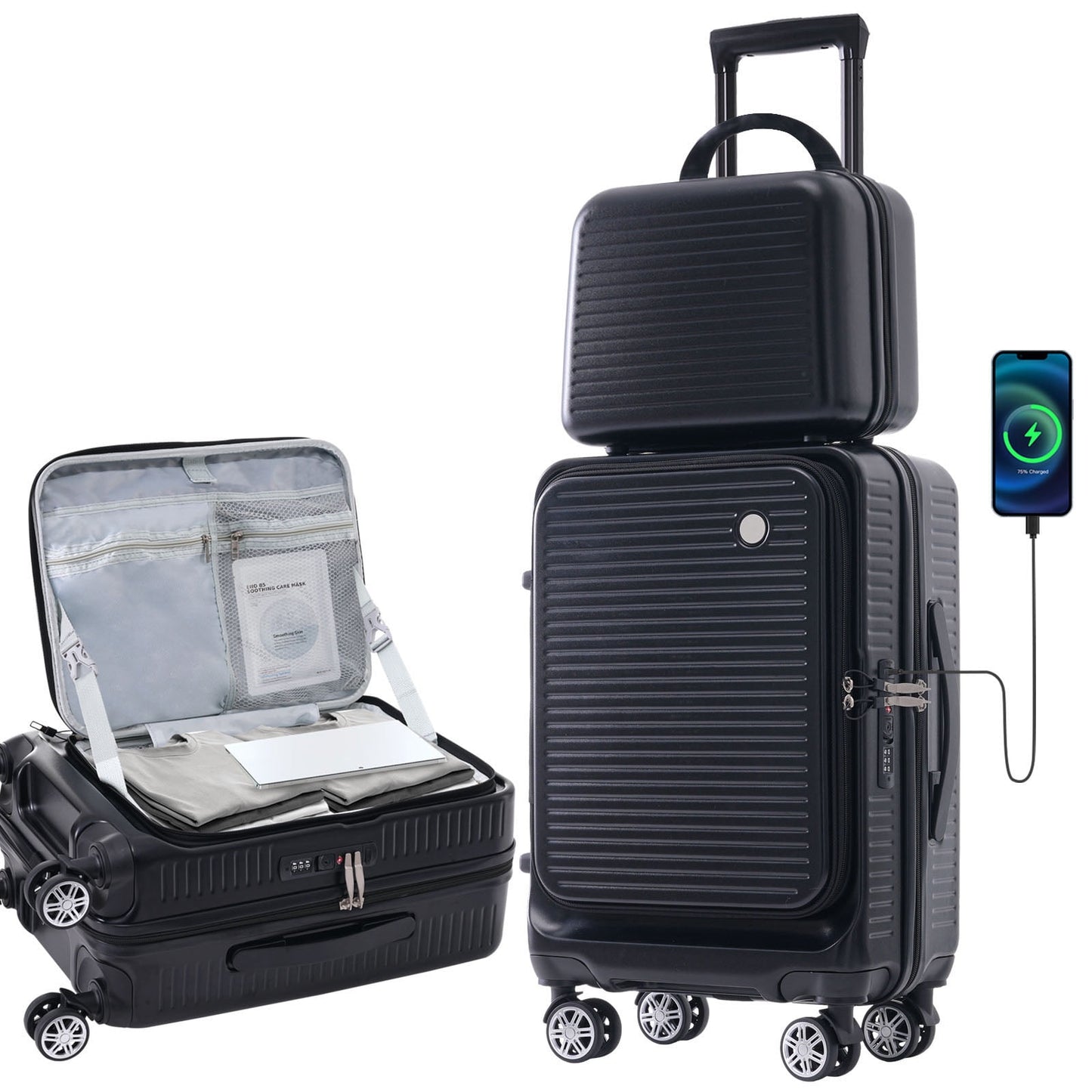 POVANLI 2 Pcs Hardshell Luggage Sets, 20 inch Front Open Suitcase with USB Port TSA Lock, Front Pocket and Spinner Wheels, 1 Portable Carrying Case. Airline Approved, Travel Woman Men (Black)