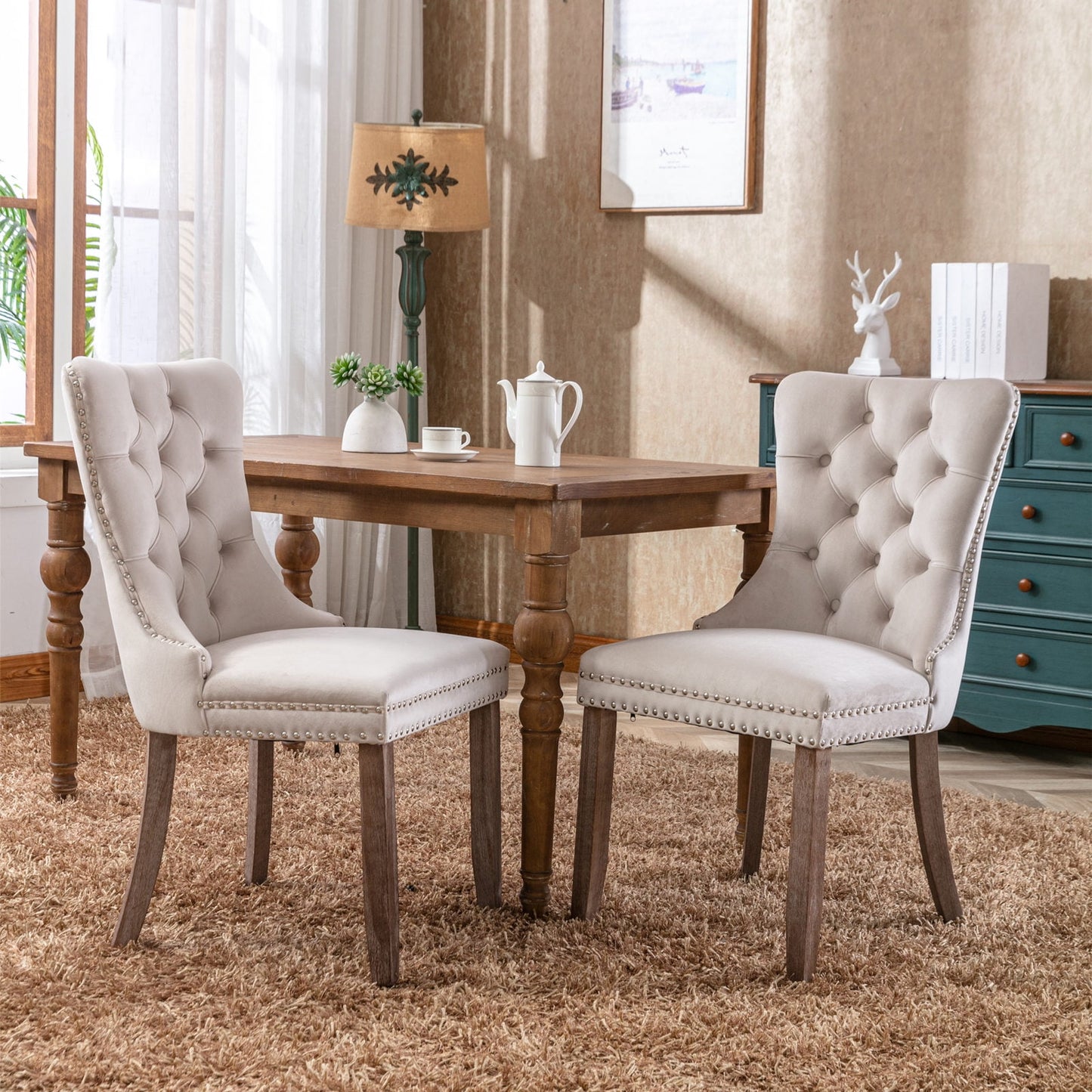 POVANLI Velvet Dining Chairs Set of 2,Upholstered Dining Chairs with Wood Legs Nailhead Trim,High-end Tufted Solid Wood Contemporary Dining Table Set for Living Room,Bedroom, Kitchen Beige