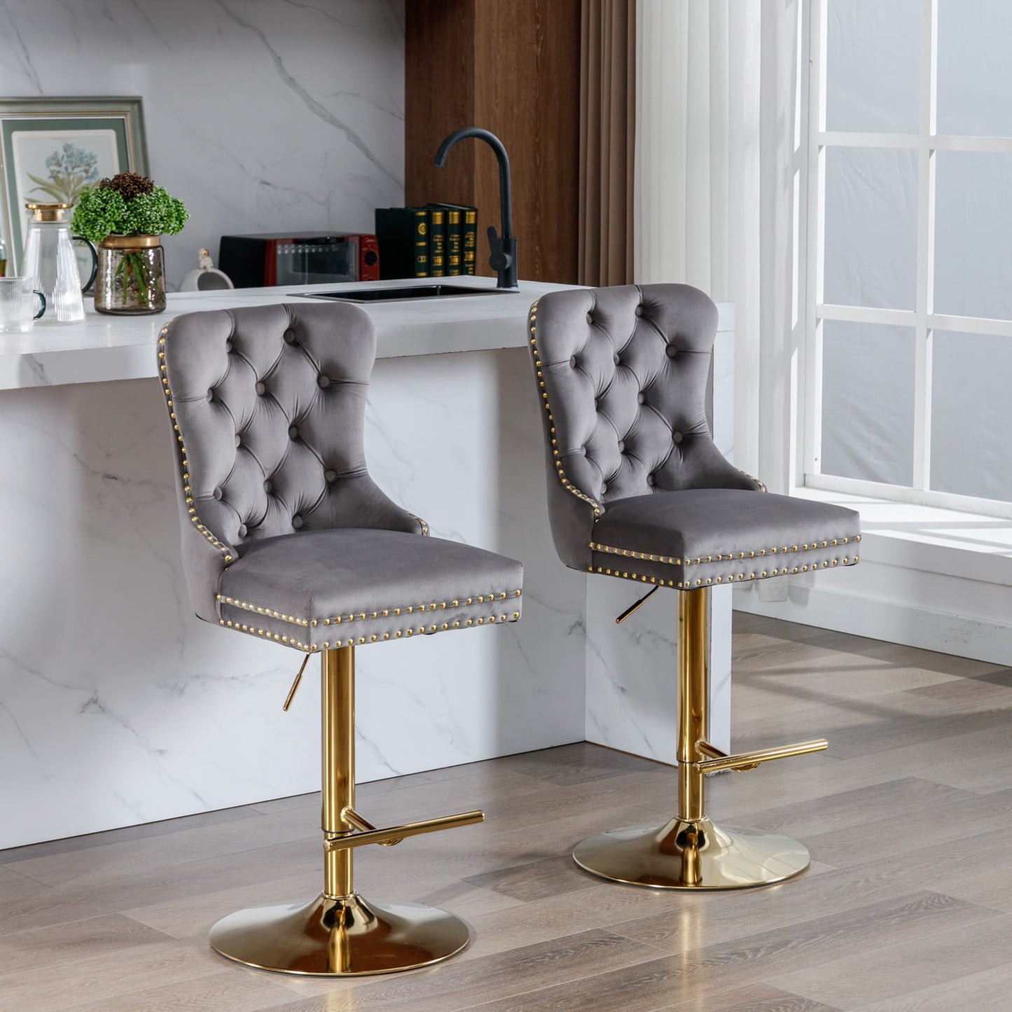 GAKMCIL Thick Golden Swivel Velvet Barstools, Modern Upholstered Bar Stools with Adjustable Seat Height from 27-35in, Backs Tufted, 270lb Load for Home Pub, Kitchen Island (Set of 2, Gray)