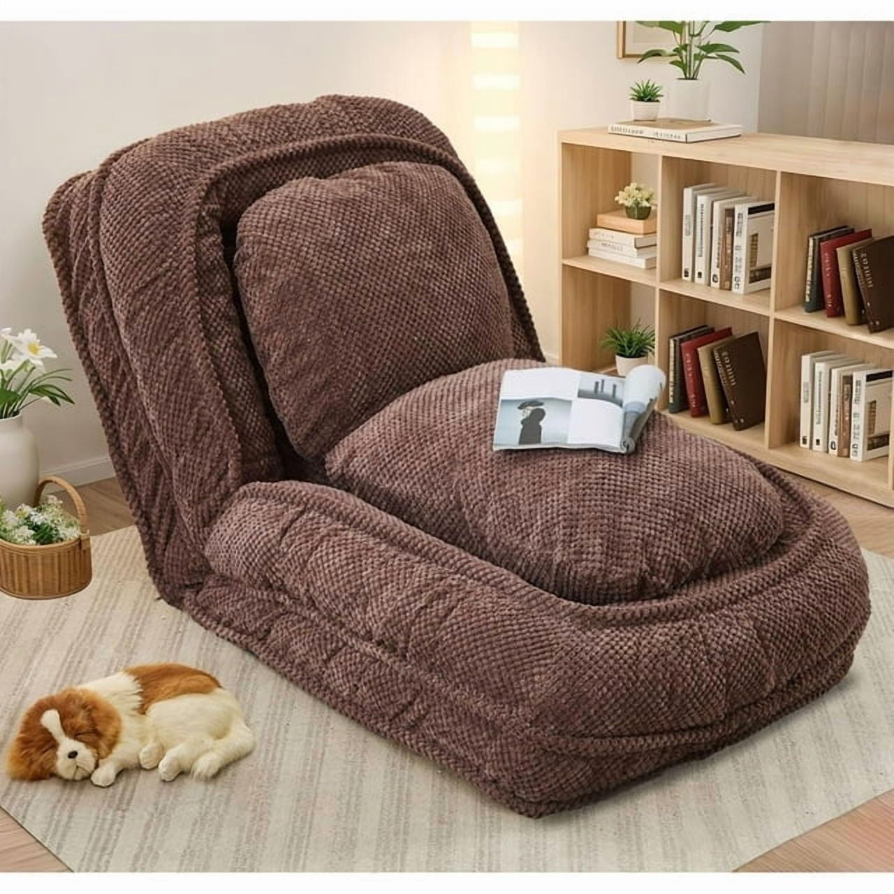 GAKMCIL Human Dog Bed for Adult & Pets, Convertible Lazy Sofa, 5 Adjustable Position with 2 Soft Pillows, sit, sleep, fold for bedroom, living room, office, Space Saving Design, Dog gift (Brown)