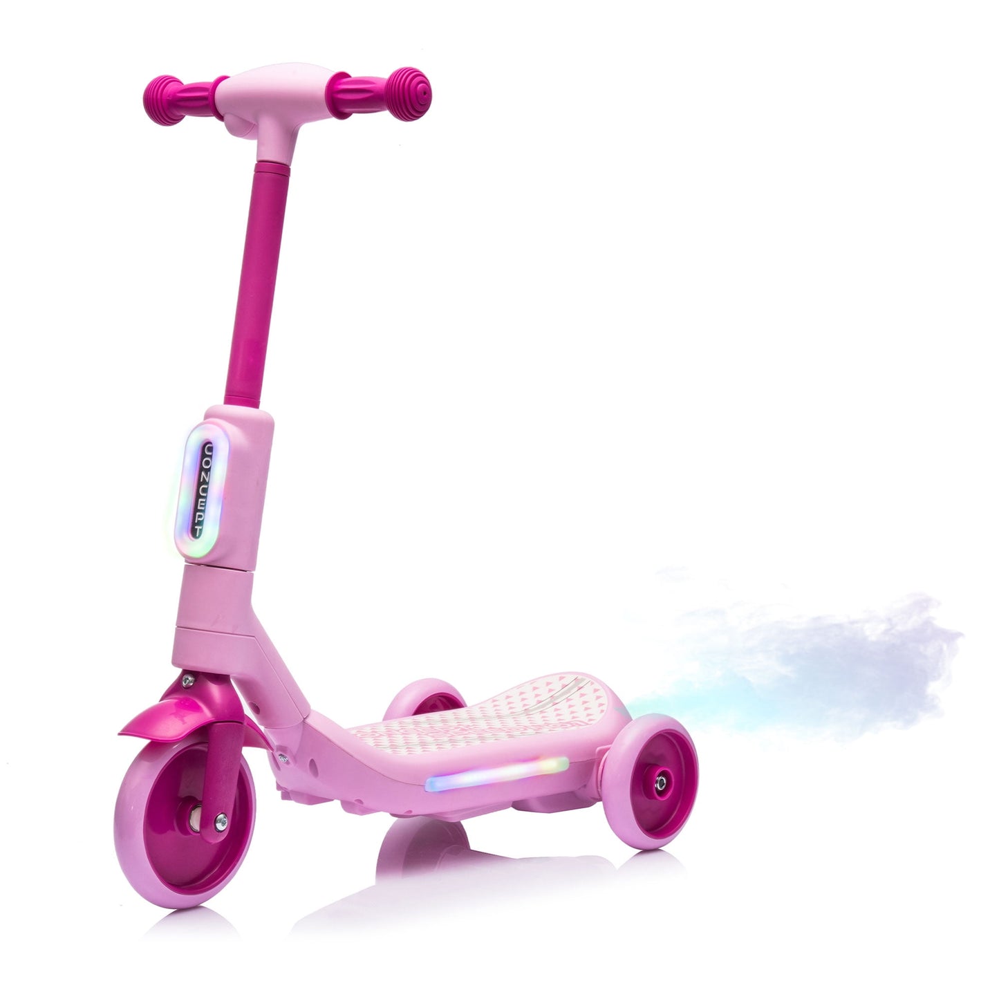CAMSCH 6V 2in1 Kids Ride on 3 Wheels Balance Electric Scooter,Tail Color Lights W/Spray,Wider Pedal,PU Wheels,Independent Light Switch With Music,One Button Acceleration for Yr 3-6,Gift(Pink)