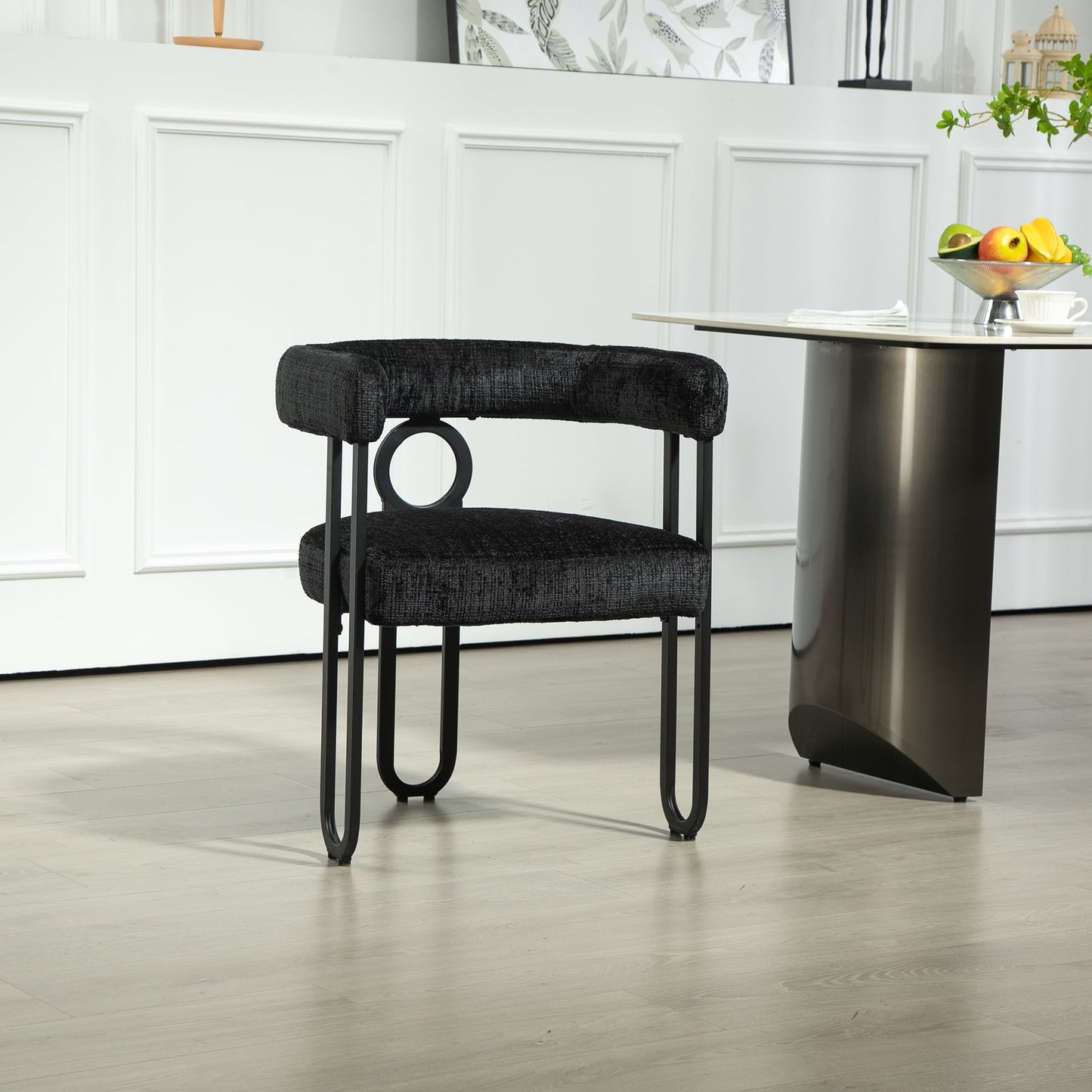 POVANLI Chenille Fabric Upholstered Bar Stools (Set of 1), Modern Bar Chair/Dining Chair/Armchair with Back, Black Metal Frames for Living Room Bar Kitchen Island Restaurant Bistro, Club (Black)
