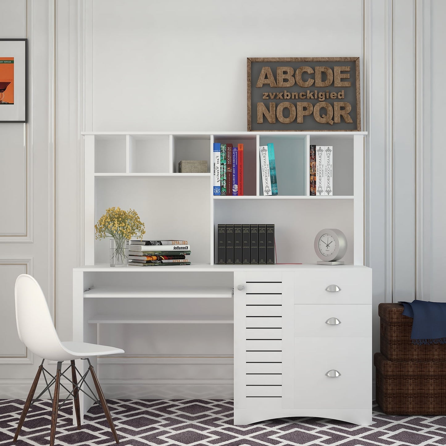 GAKMCIL 59.06"(L) Computer Desk with 2-tier open Hutch, 3 large drawer & Keyboard Tray, Home Office Desk, Executive Desk, Large Writing Desk, Space-Saving Design for Study or Bedroom Workspace, White