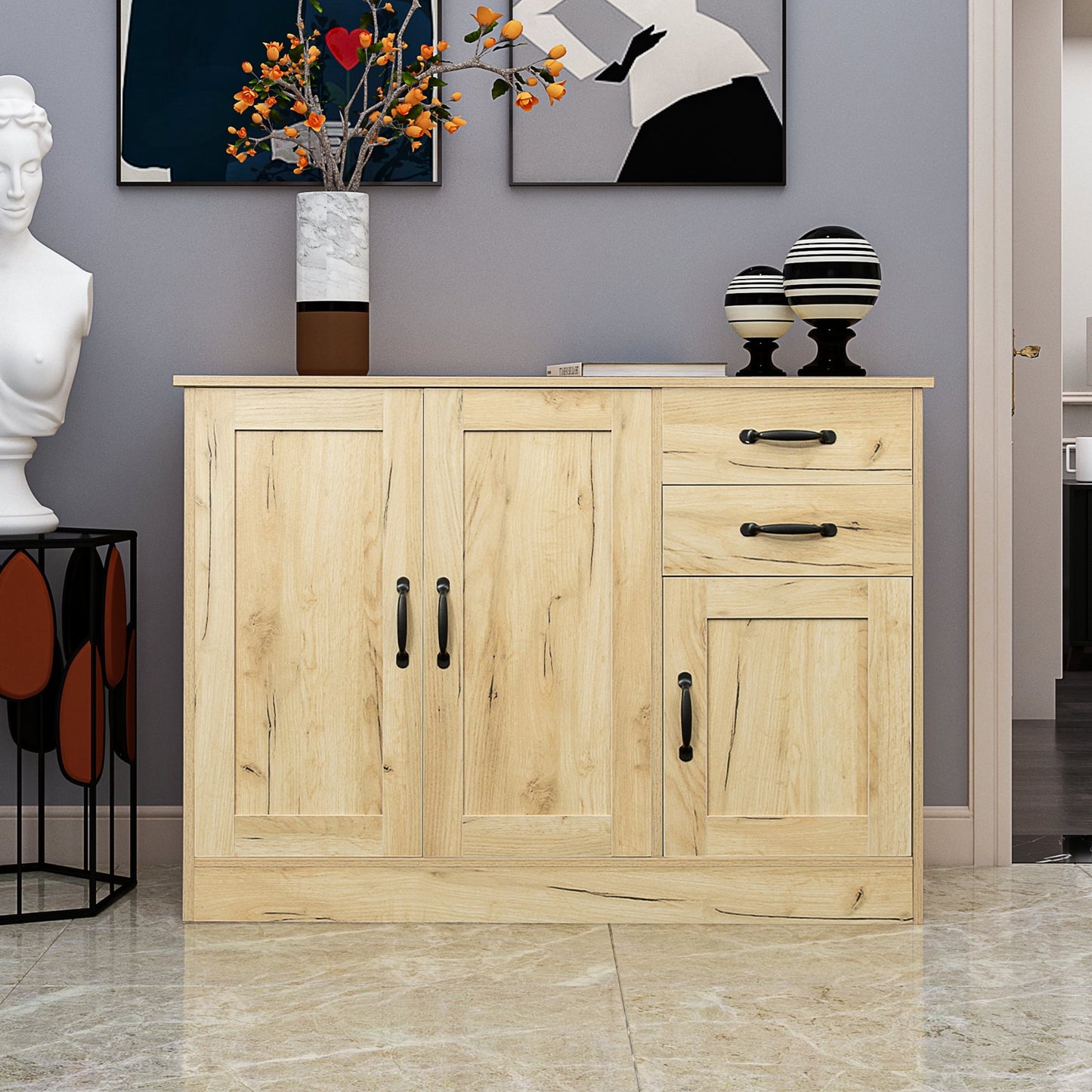 GAKMCIL 43.3" Modern Wood Buffet Sideboard with 1 movable shelves, 2 drawers & 3 doors, Entryway Serving Storage Cabinet for Living Room Bedroom Kitchen (Oak) (43.30"L * 15.75"W * 31.10"H)