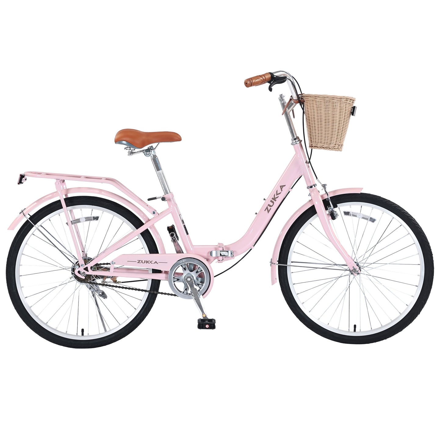 POVANLI 24" Single Speed Folding Lady Bike,Durable Steel Frame Women Bike,Compact Design for Easy Storage and Commuting Pink