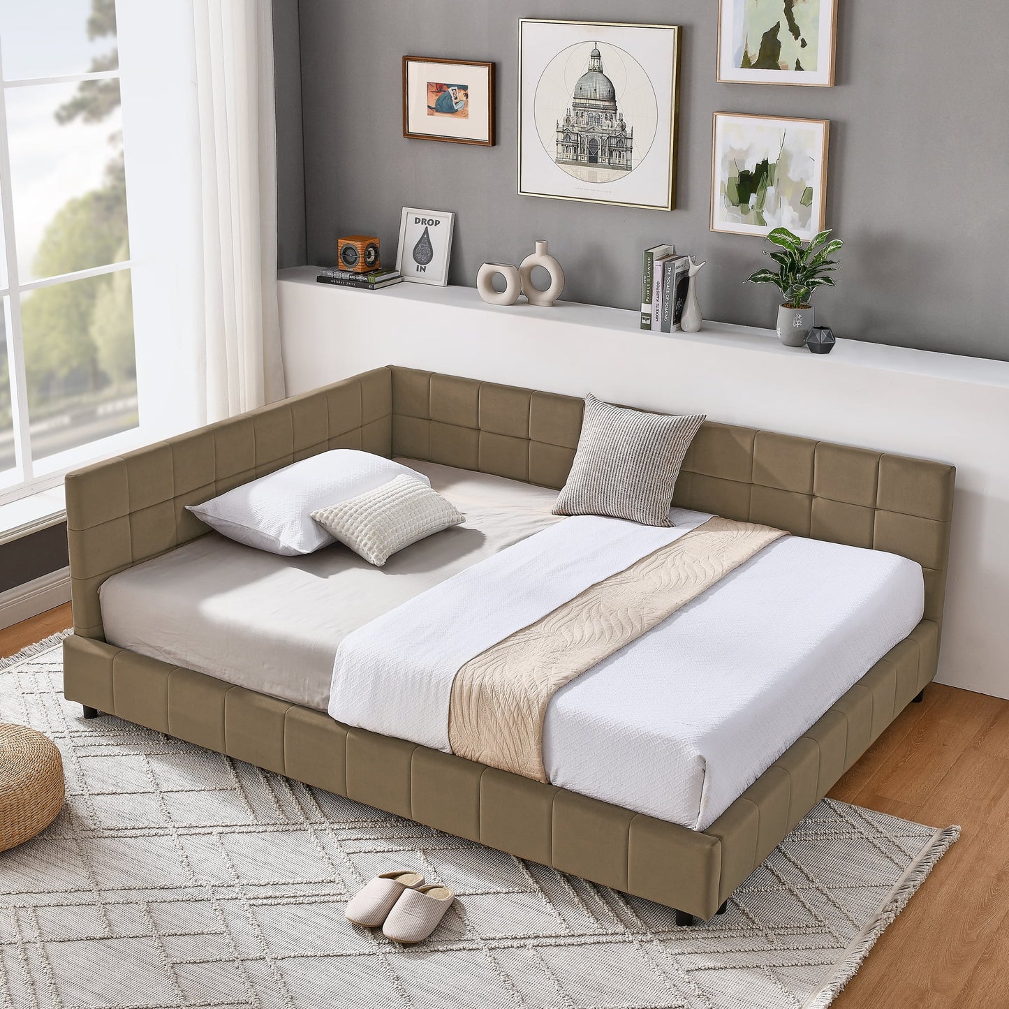 GAKMCIL Full Size Upholstered Tufted Bed Frame, Velvet Fabric, Sofa Bed Frame with Comfortable Backrest and Armrests, Full Size Bed for Bedroom, Living Room, Brown (80.5''*59''*30.5'')