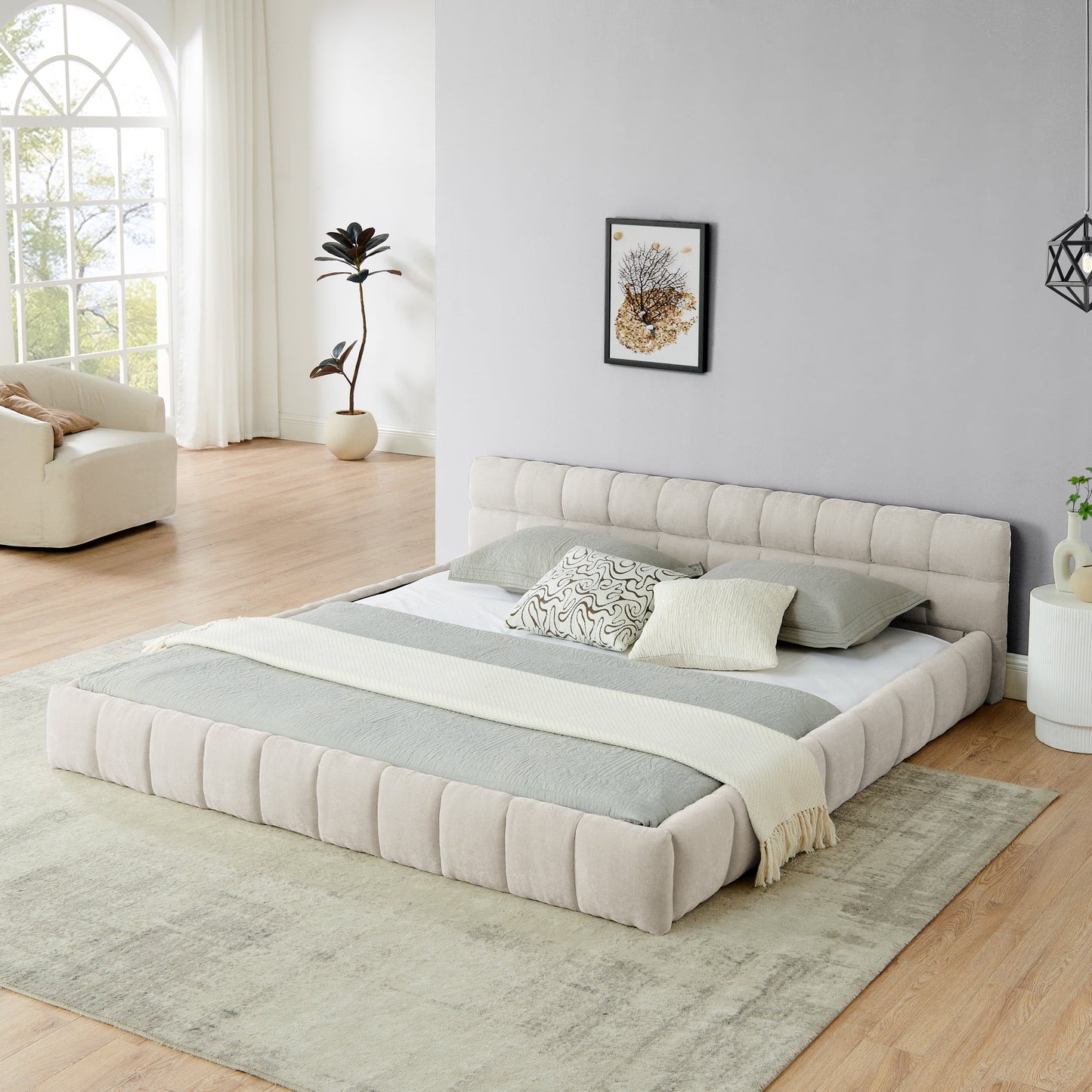 King size Bed Frame with Thick Fabric,Upholstered Bed Frame with Headboard and Solid Frame. No Box Spring Needed Beige(88.5''*85.5''*24'')