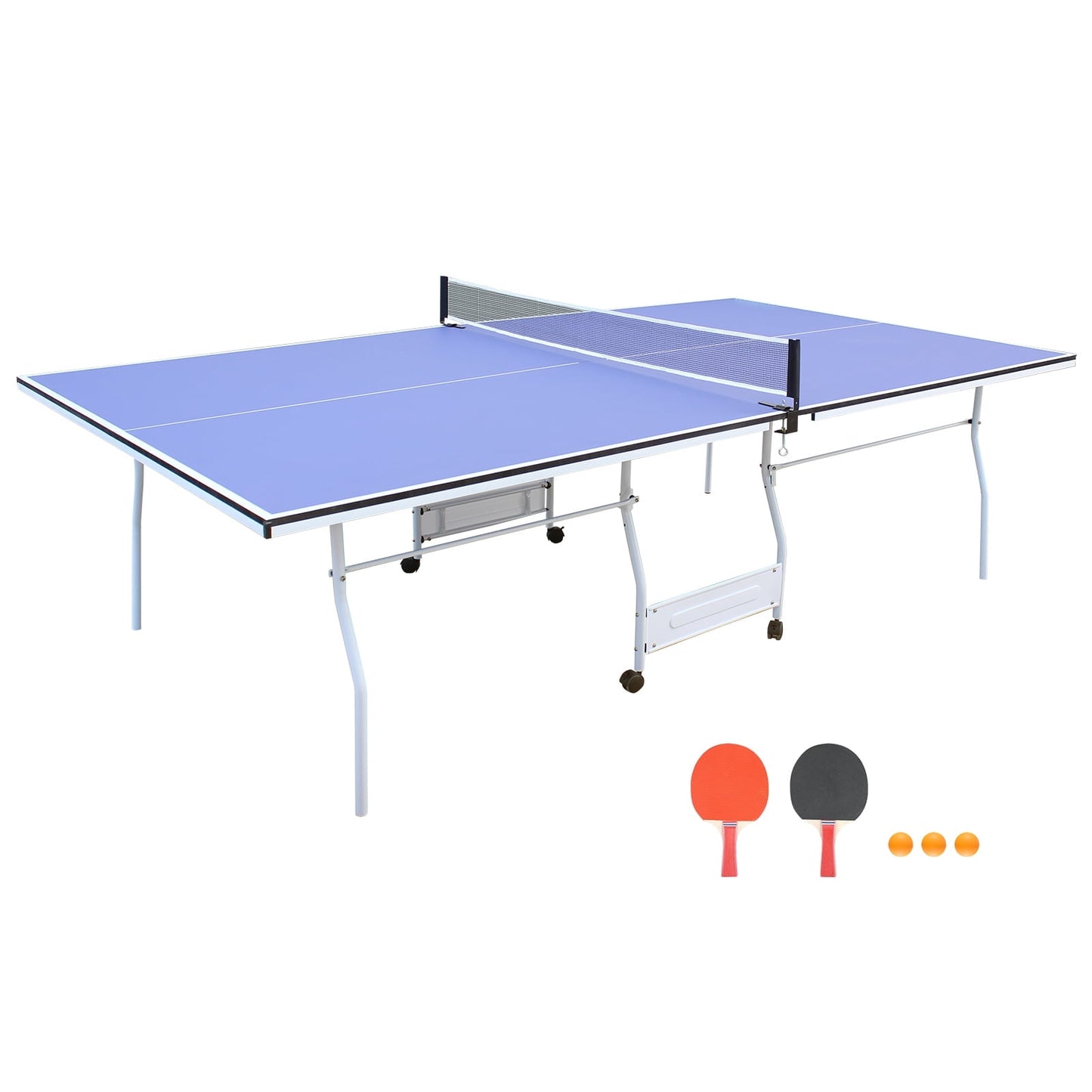 CAMSCH 9FT Mid-Size Table Tennis Table Foldable & Portable Ping Pong Table Set for Kids Family Holiday Sports with Net, 2 Table Tennis Paddles and 3 Balls, 96''(L) x 54''(W) x 30''(H)