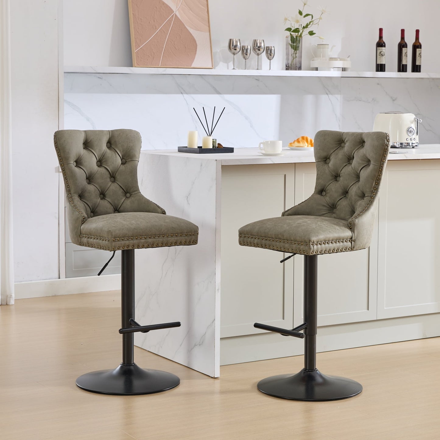 GAKMCIL Thick Black Swivel PU Leather Barstools,Modern Upholstered Bar Stools with Adjustable Seat Height from 27-35in,Backs Tufted,270lb Load for Home Pub,Kitchen Island(Set of 2,Olive Green)